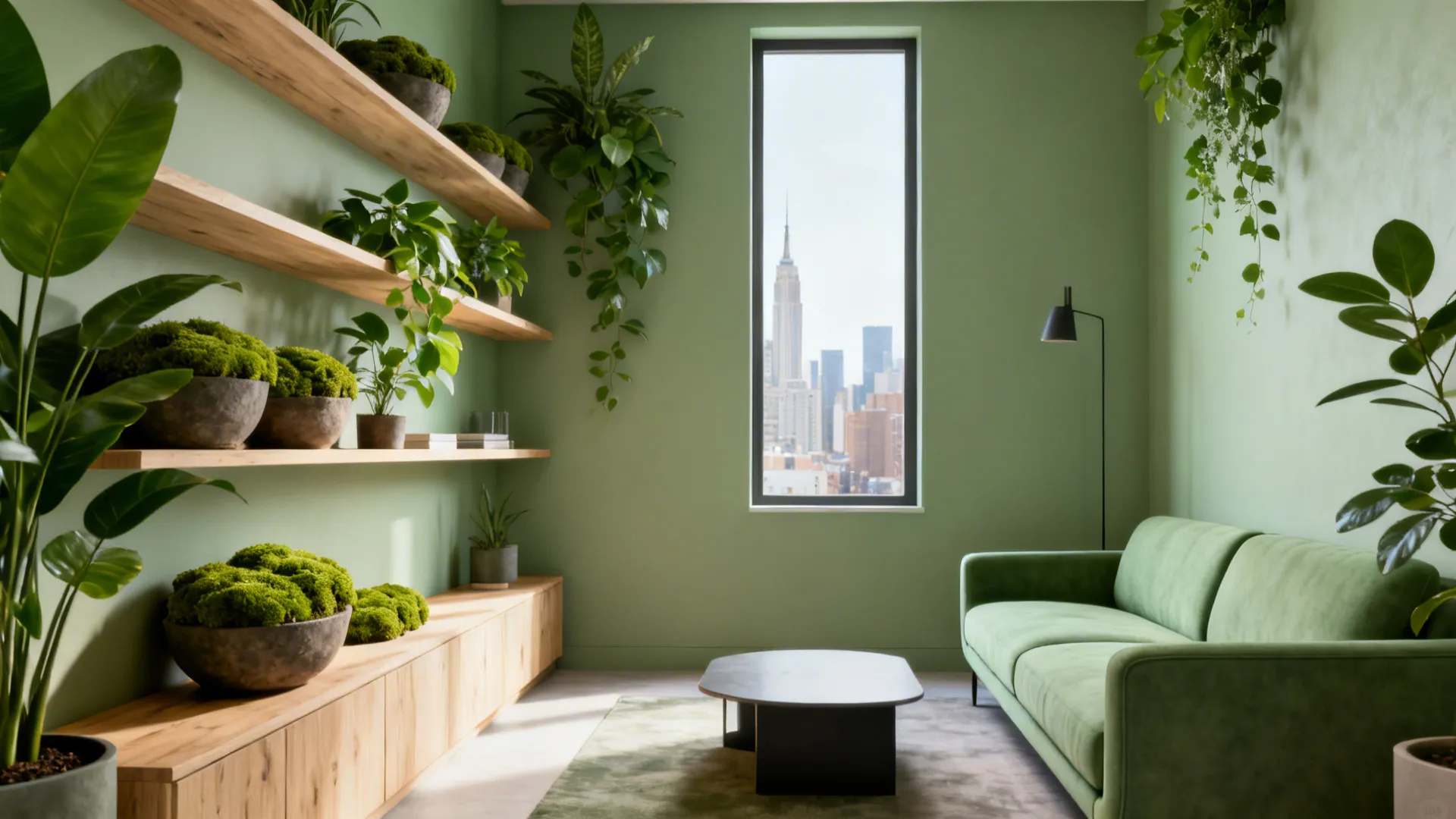 Compact living room with sage green walls, plants, and light wood furniture