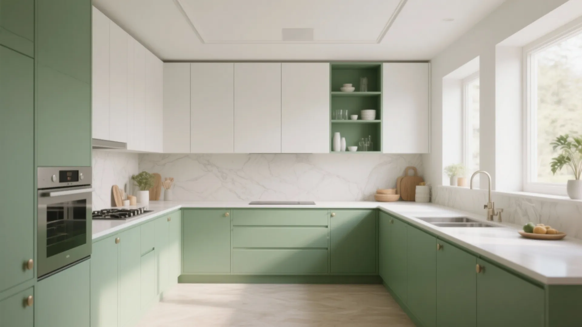 Sage green base cabinets paired with white upper cabinets and a thin shelf transition