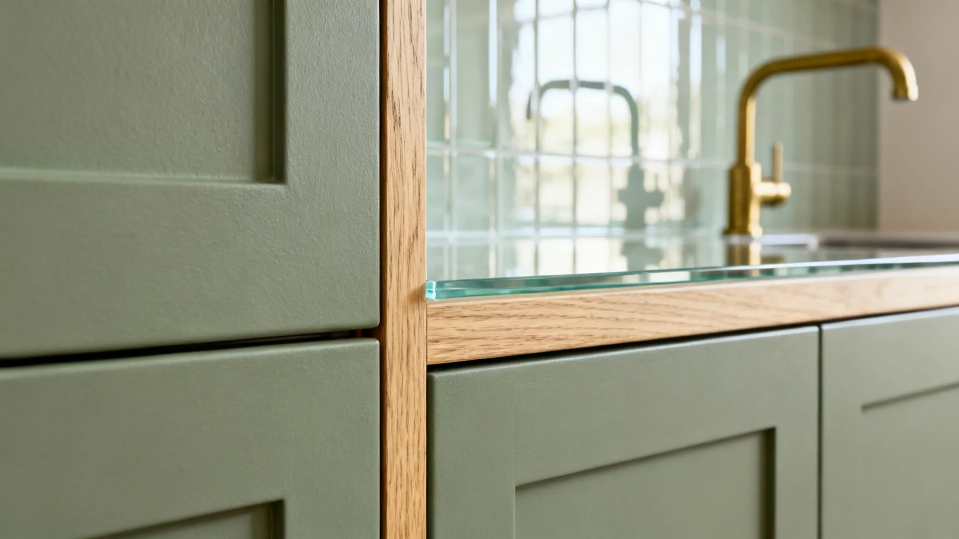 Macro of sage cabinet, oak veneer, and glass backsplash with soft daylight reflections.