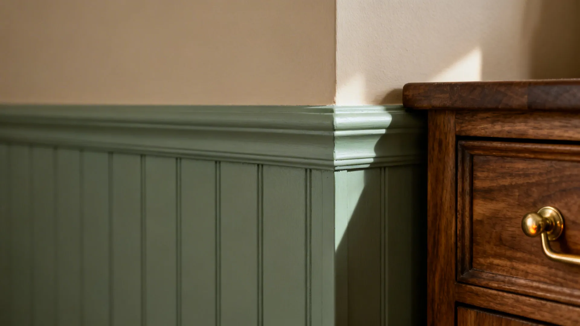 Macro of matte sage wainscot beside warm neutral wall and walnut edge with brass hardware.