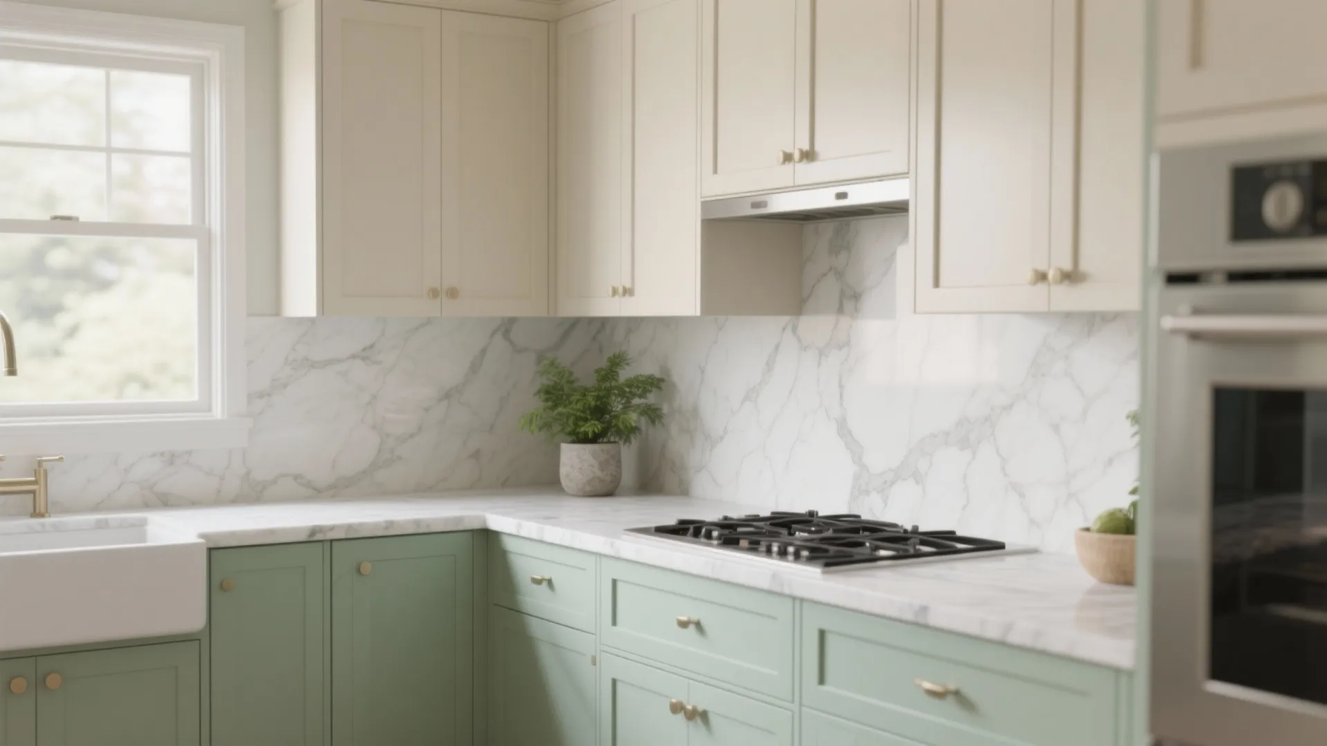 Sage green kitchen cabinets with white marble backsplash plus cream wall units and large window view
