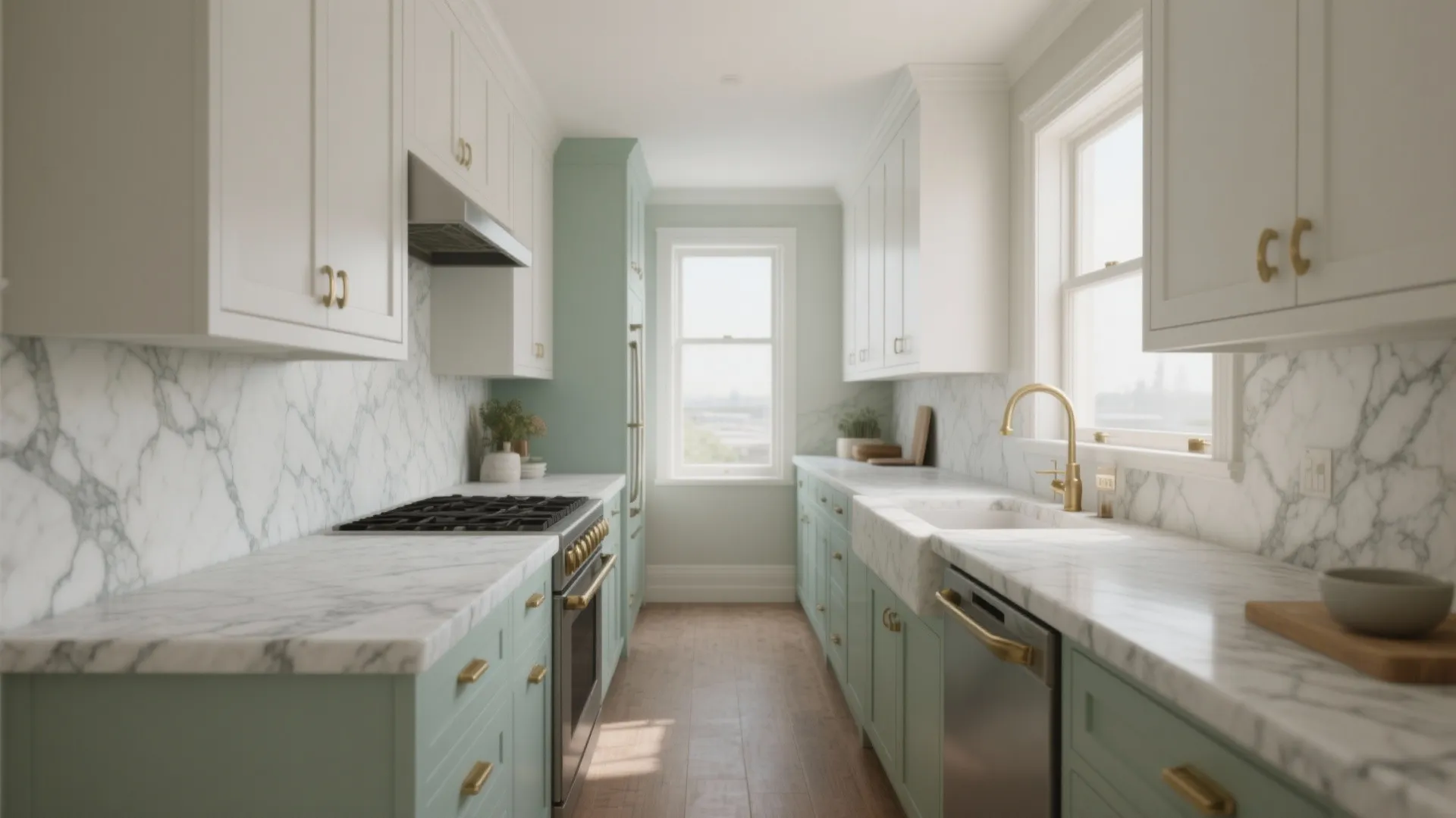 Modern kitchen with sage green cabinets marble countertops white upper cabinets gold faucet and natural light