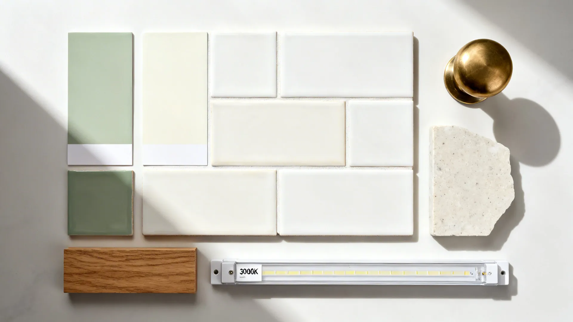 Top-down flat lay of sage and warm white paint swatches, handmade tiles, oak, brass, and light stone samples.