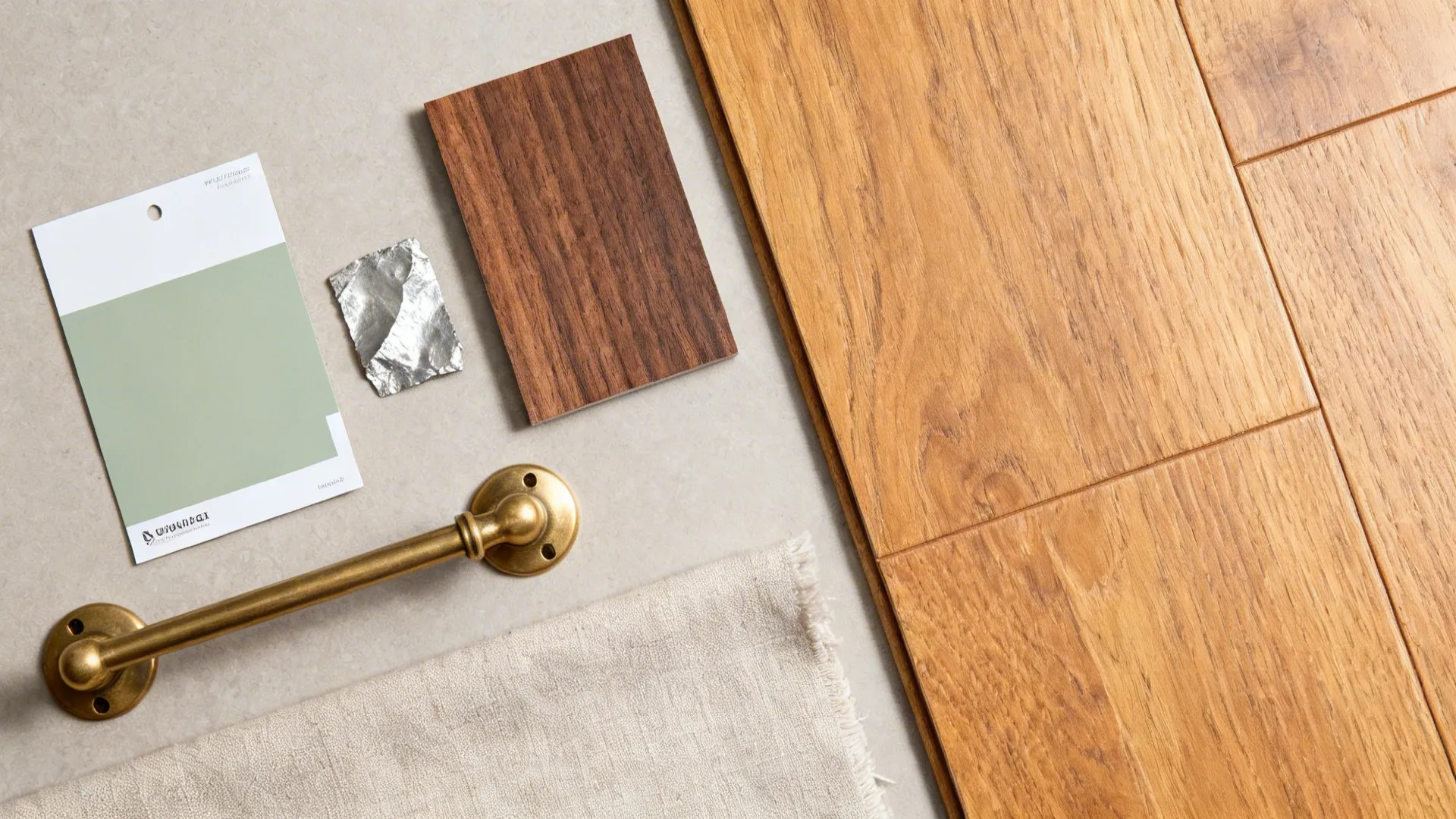 Top-down palette with sage paint, walnut, stainless, brass, wood, and linen swatches.