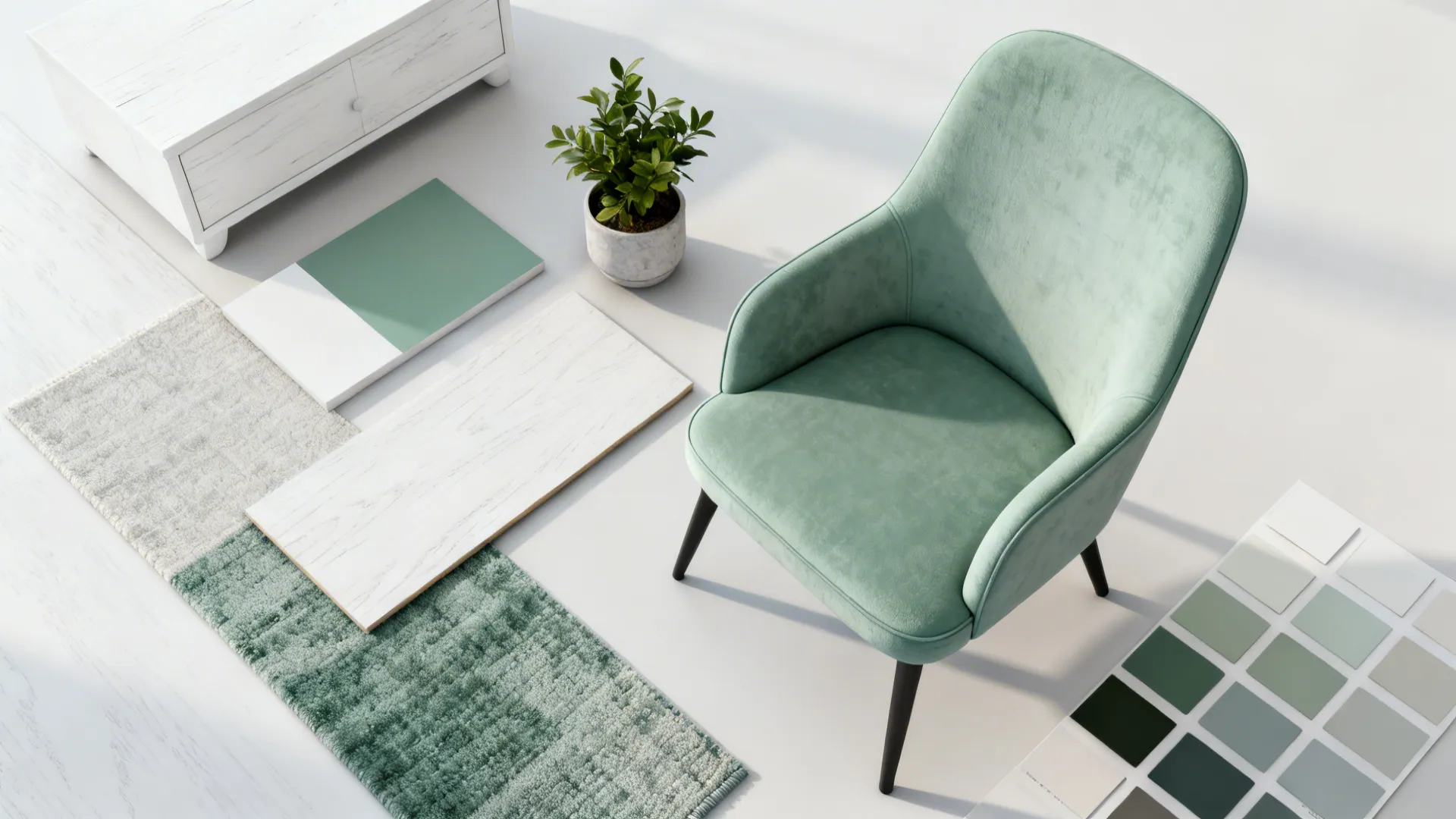 Top-down flatlay of sage and white material samples, paint chips, and textiles for a minimalist bedroom.