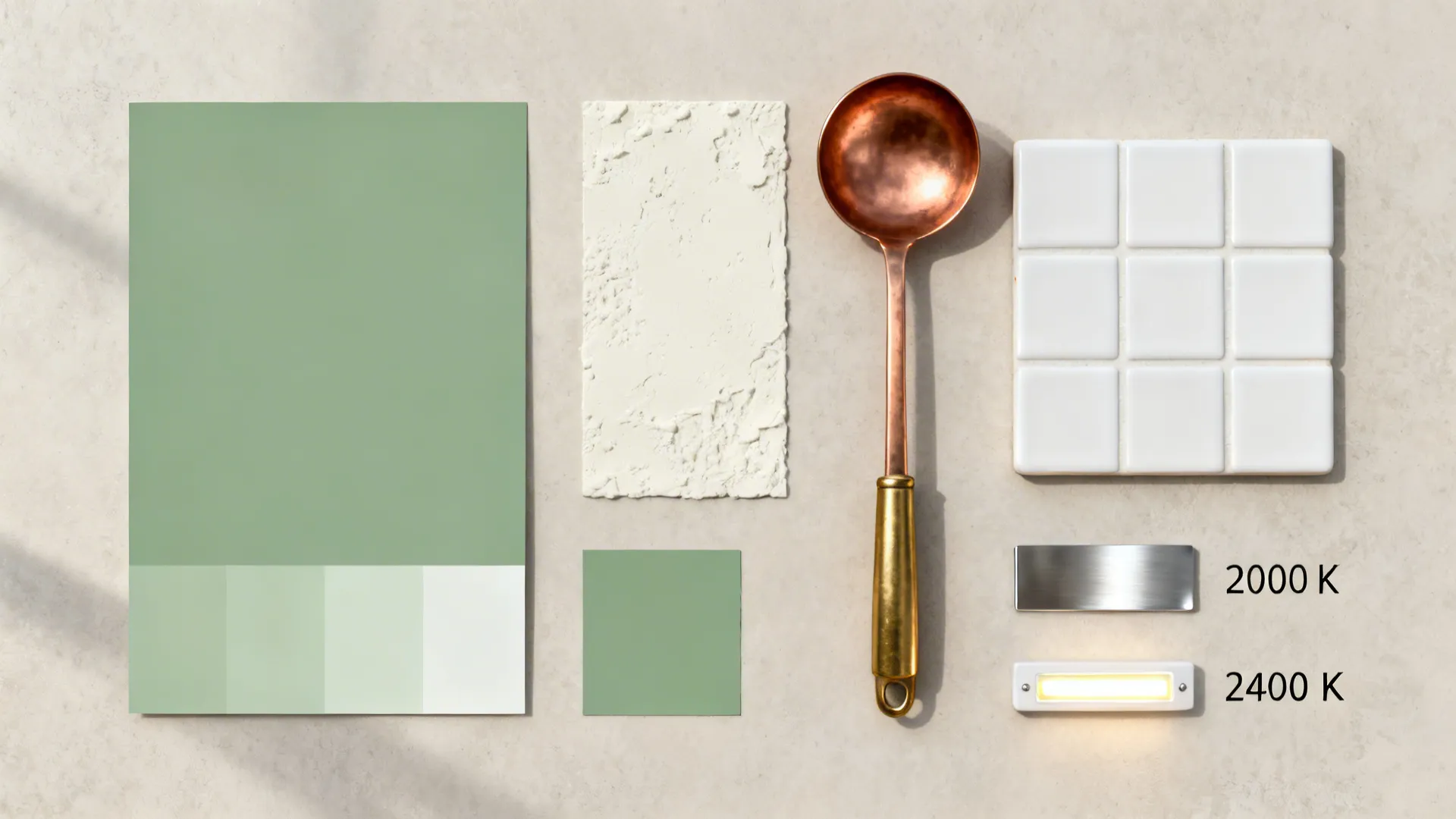 Flat lay of sage and off-white swatches with brass and copper accents for a kitchen.