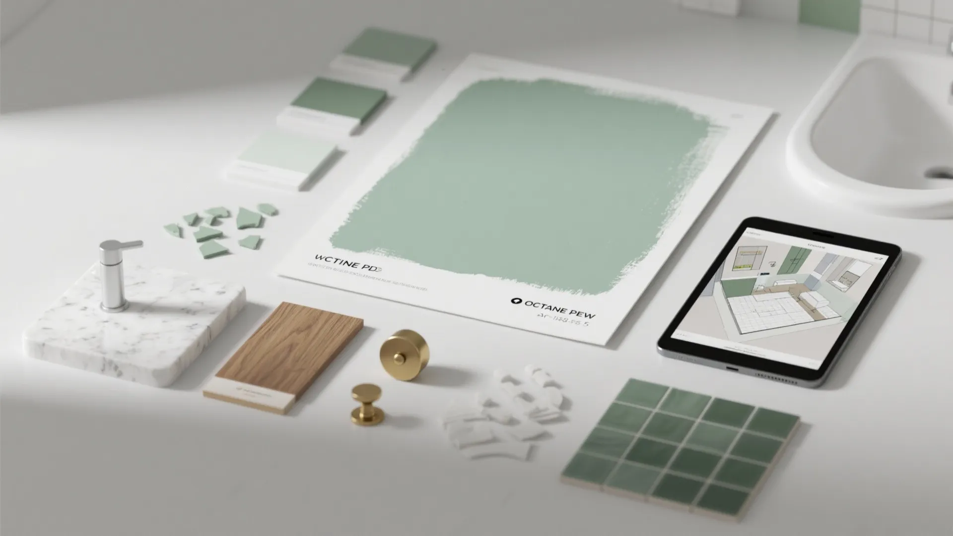 Flatlay of sage paint poster board, wood and brass samples with a tablet showing a 3D planner