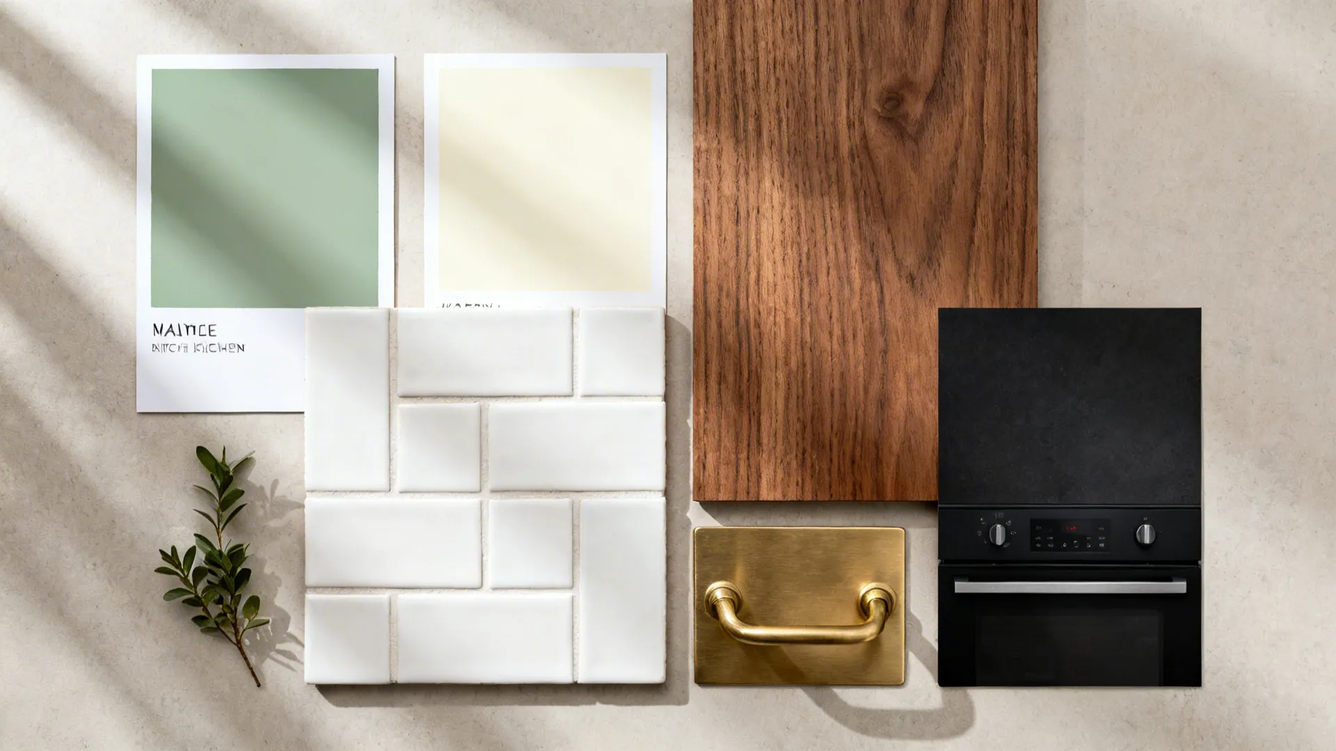 Top-down palette with sage and cream paint chips, zellige tile, brass, walnut, and black finish.