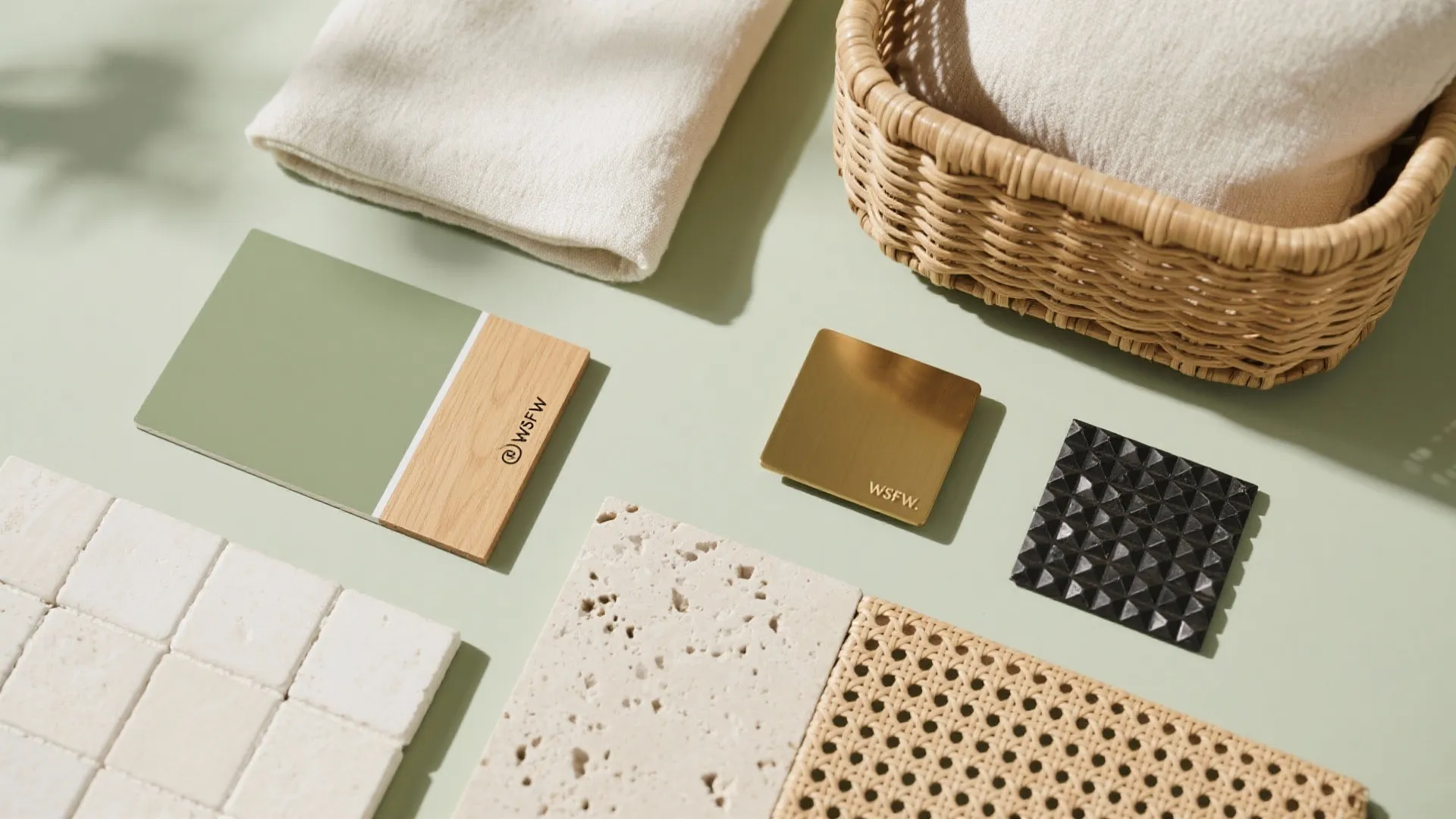 Green paint sample, wood block, gold metal, black tile, white stone, rattan on light green