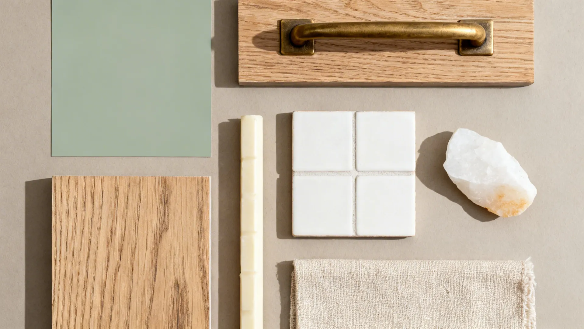 Material board with sage green color, wood samples, brass handle, white tile, quartz, and linen fabric