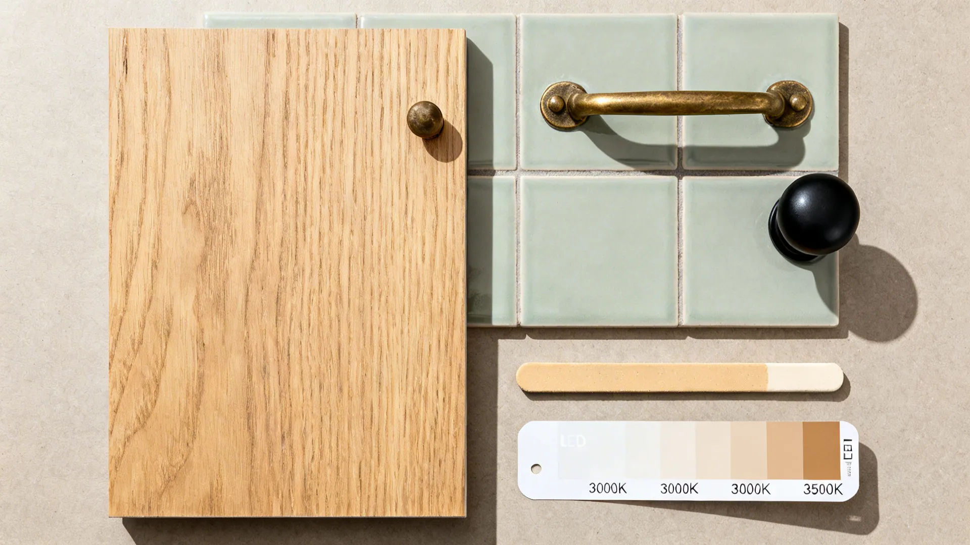 Flatlay of maple sample, soft sage tile, aged brass and matte black hardware, and warm grout.