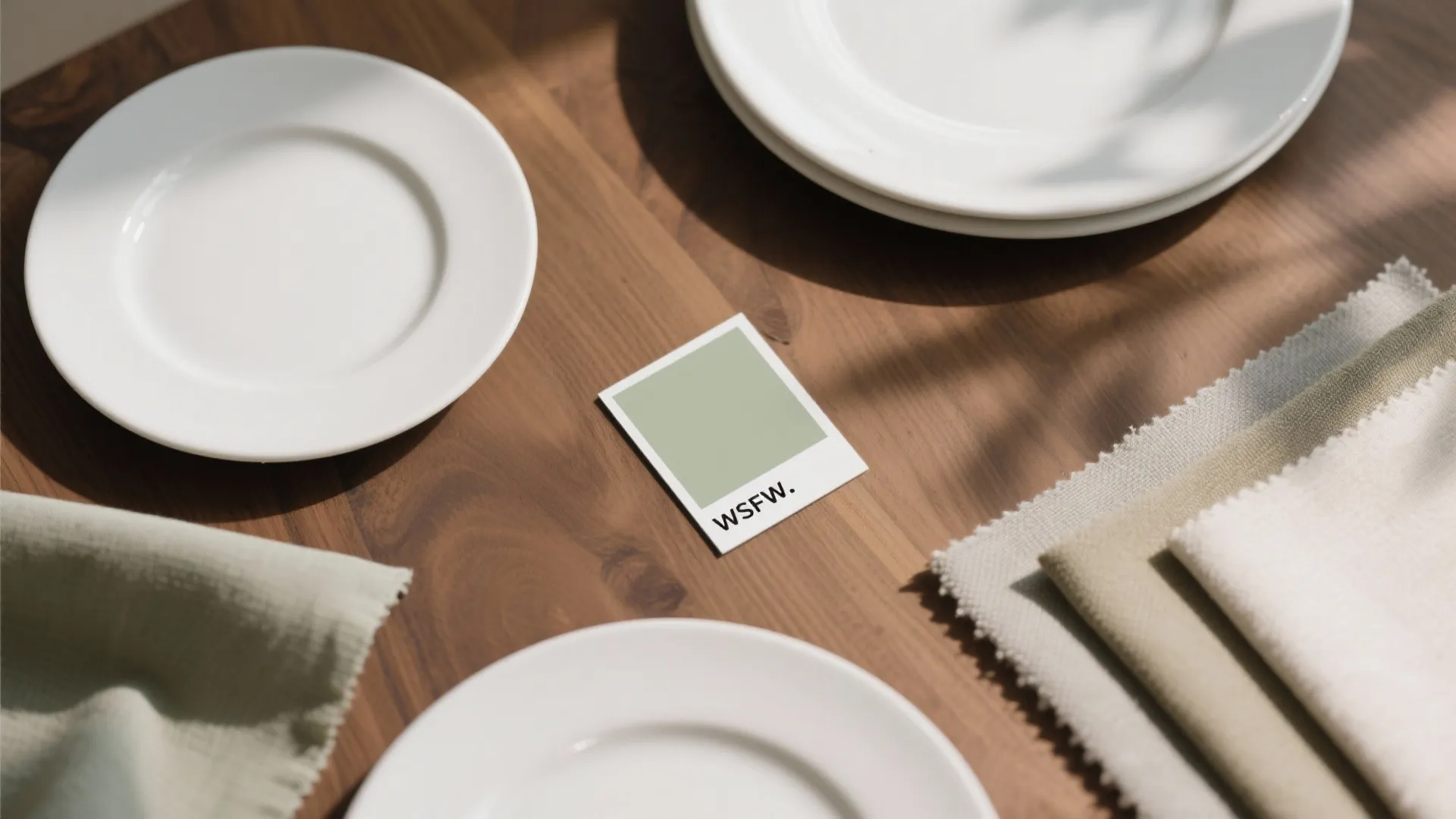 Flat lay of matte sage paint and glossy ceramic plates