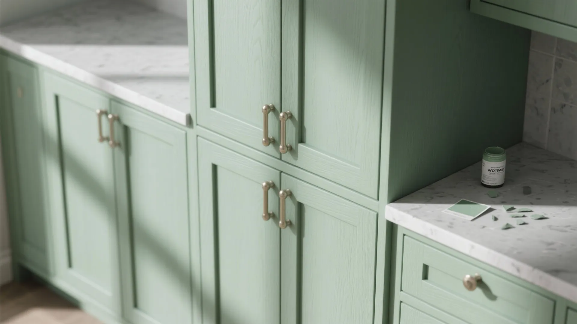 Close-up of sage green cabinet and matte grey countertop with material samples