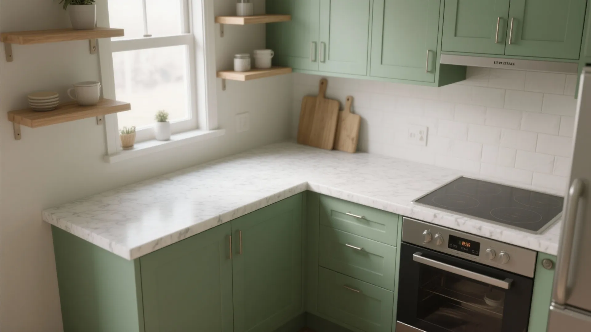 Sage green kitchen cabinets with white marble countertop wooden shelves and a modern black electric stove
