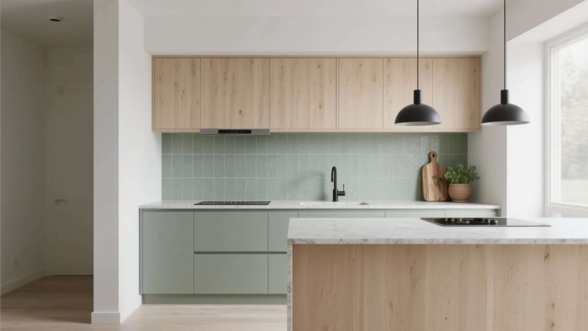 Modern kitchen with green cabinets light wood storage sage wall tiles and black ceiling lights