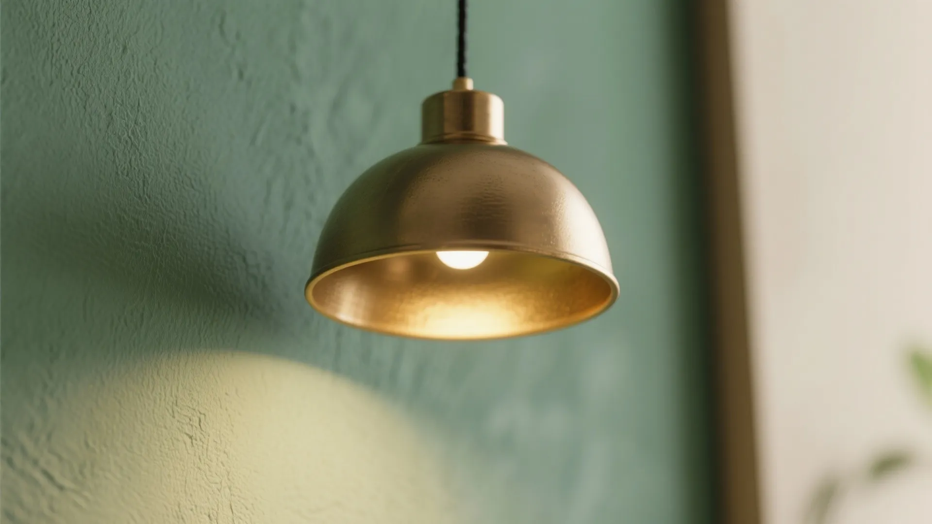 Close up of a metallic gold ceiling light fixture hanging against a textured green wall