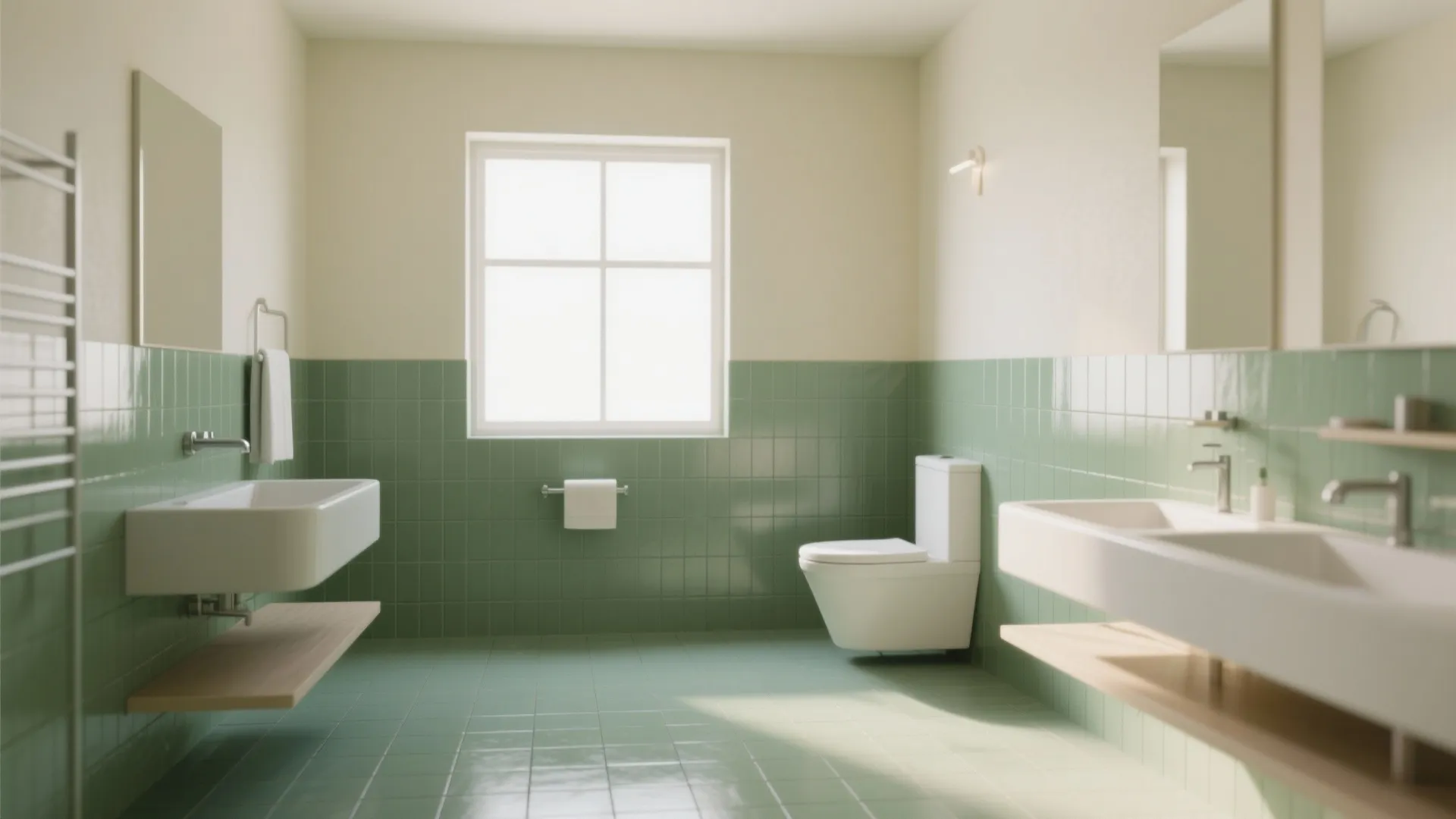 Modern bathroom with green tiles white walls double sinks toilet window and natural sunlight effect