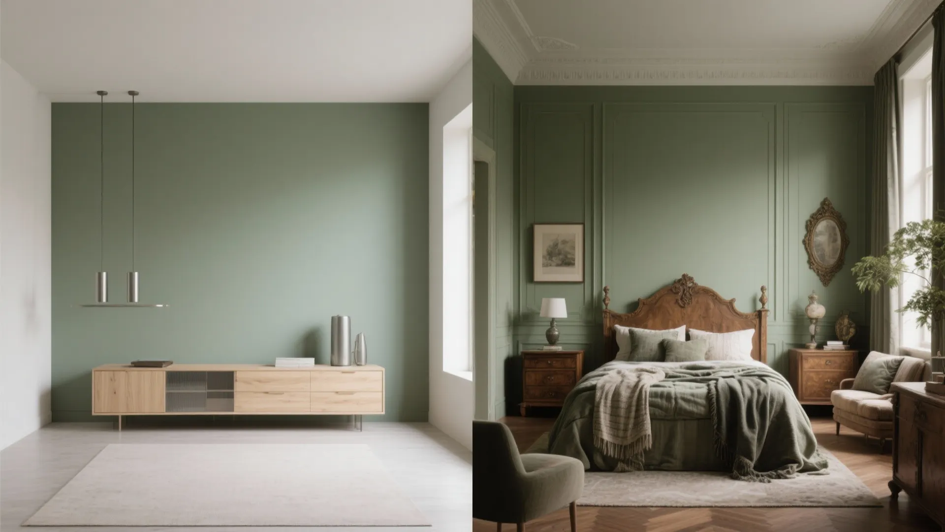 Minimalist sage green living room cabinet side by side with a classic green vintage bedroom