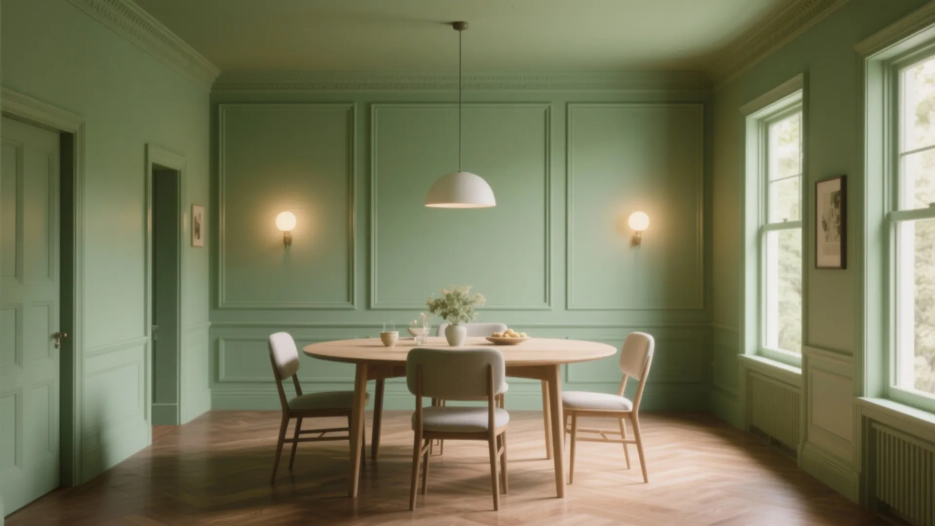 Green dining room with wooden table and chairs plus wall panel design and wall lights