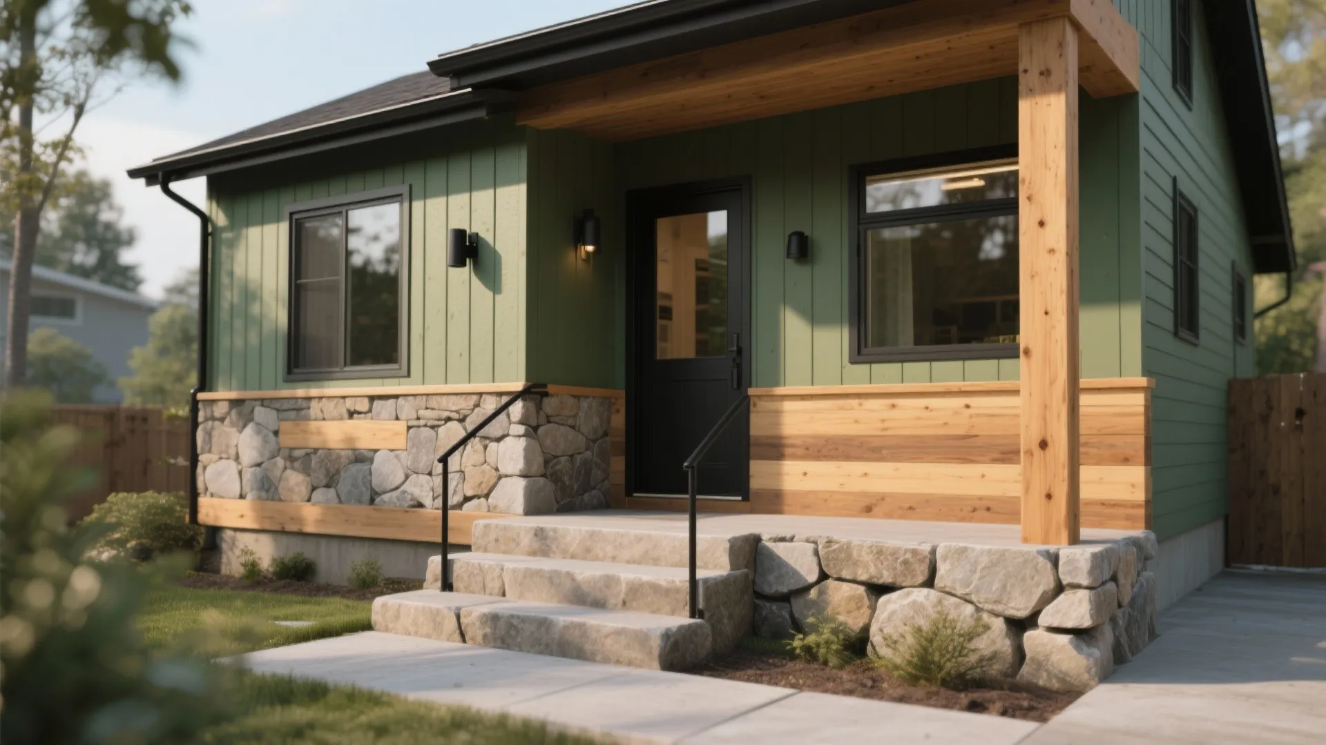 House facade showing cedar posts, natural stone steps, matte metal fixtures paired with sage green siding.