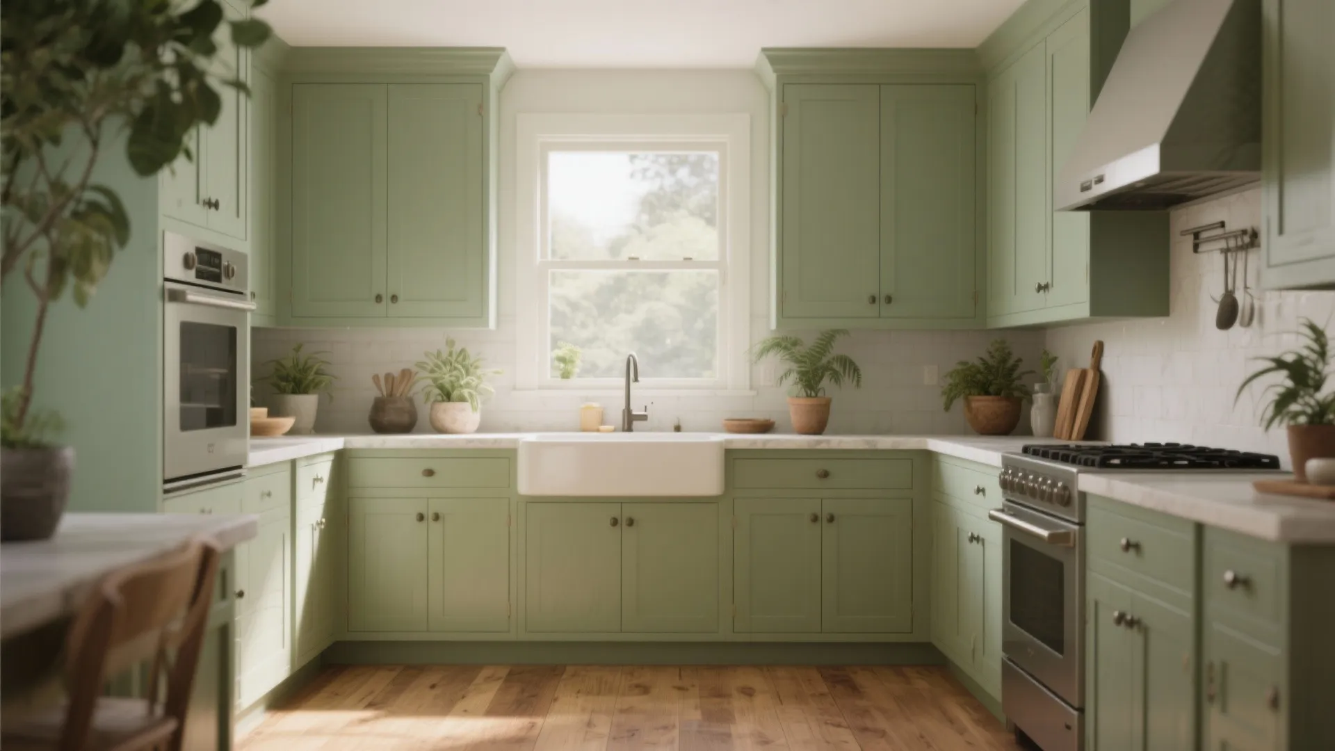 Kitchen with sage green cabinets and natural oak floors, organic and calm