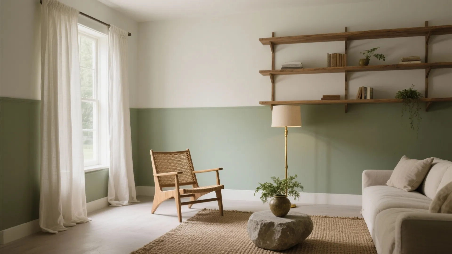 Living room with sage green wall panel wooden shelves woven chair white curtain and floor lamp