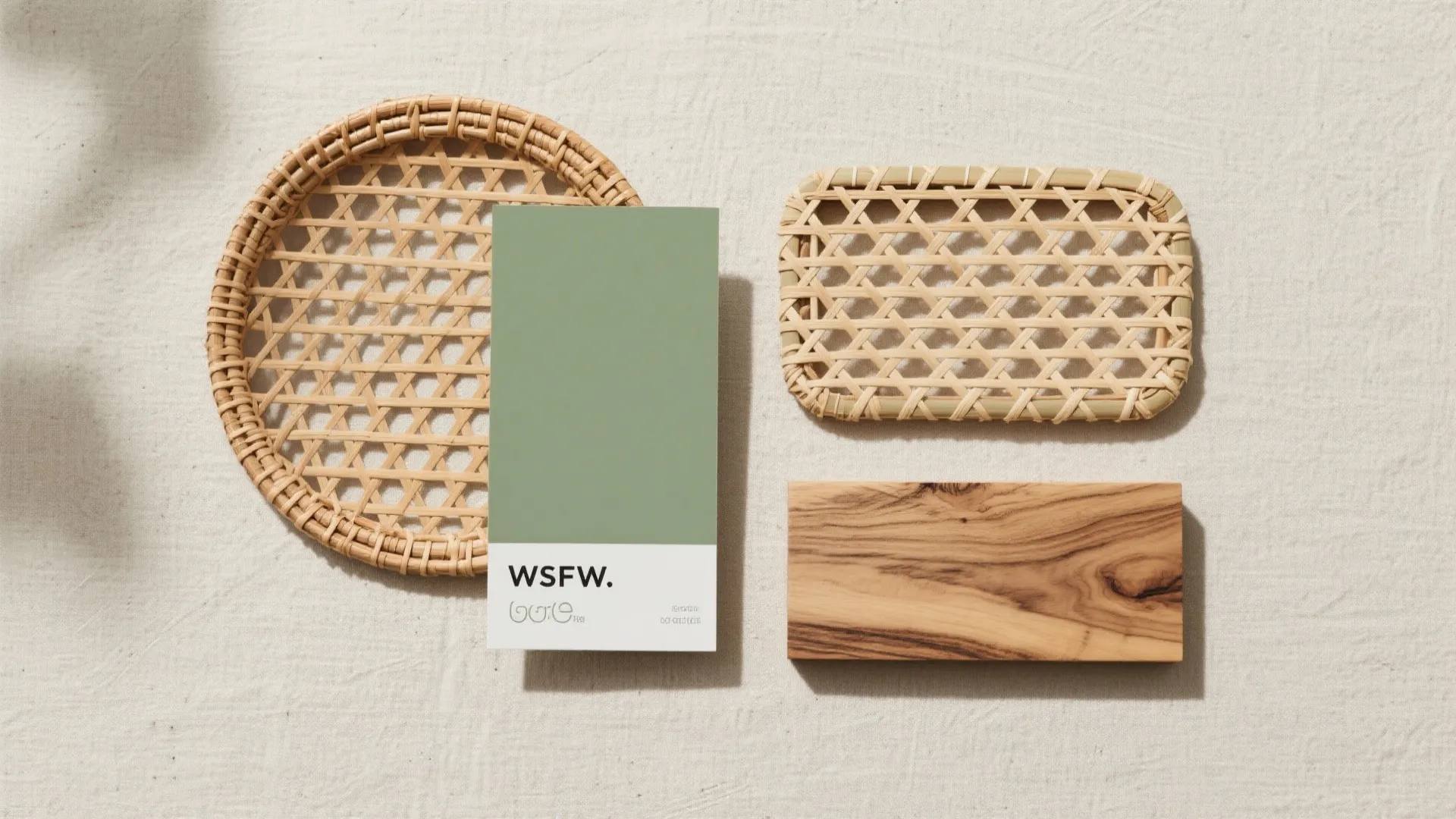 Sage green color card with wood block and woven bamboo trays on a light fabric background