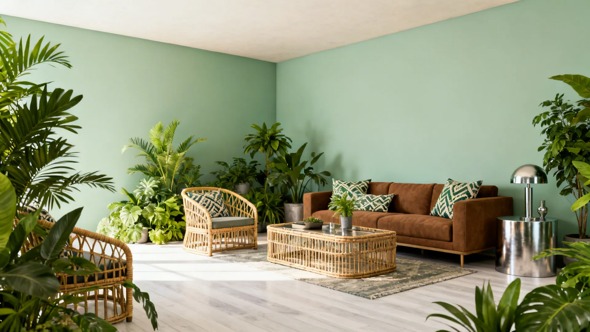 Calm living room with soft sage walls, brown sofa, rattan and plants