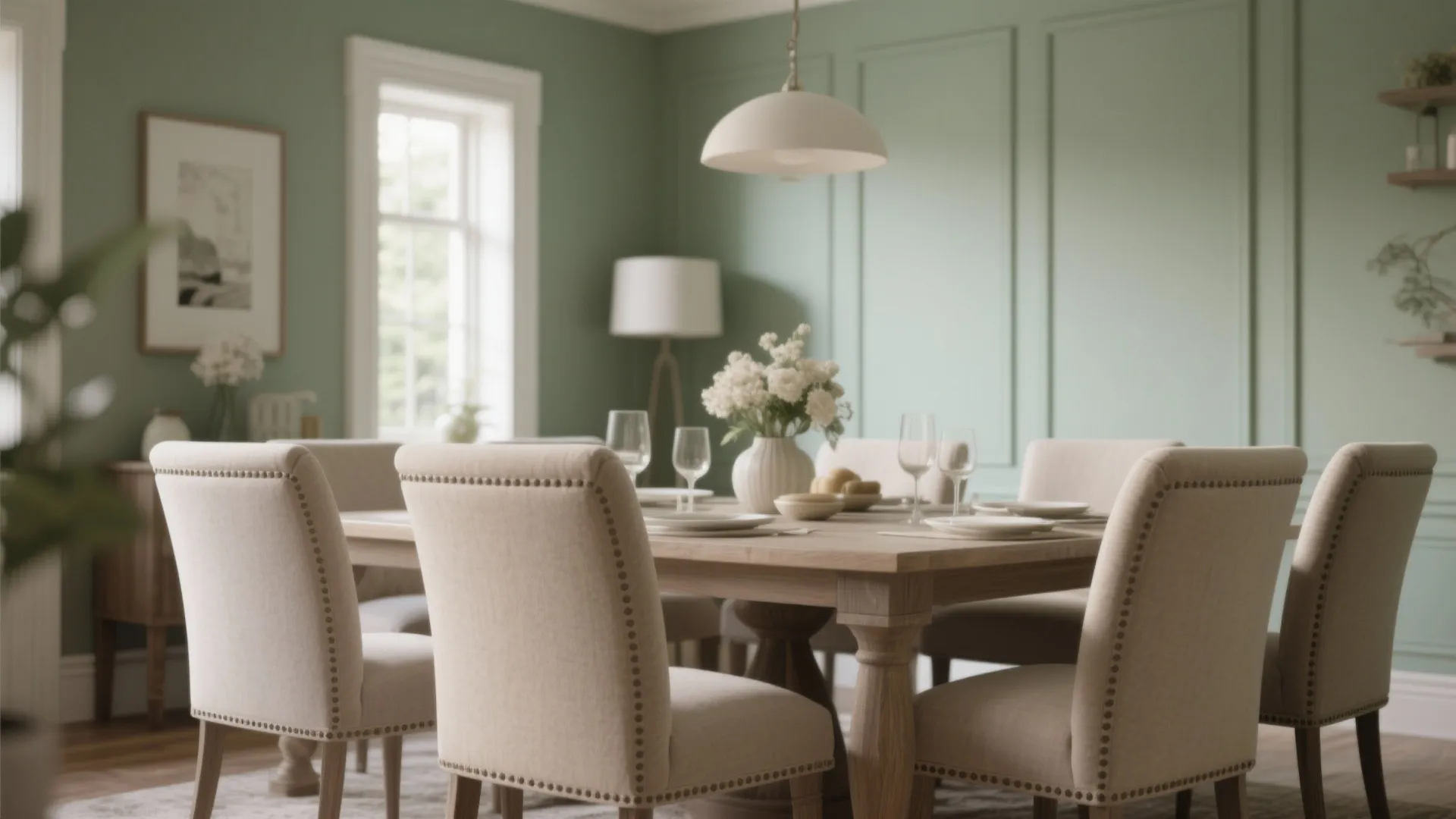 Elegant dining room with sage green walls beige padded chairs wooden table and white ceiling light
