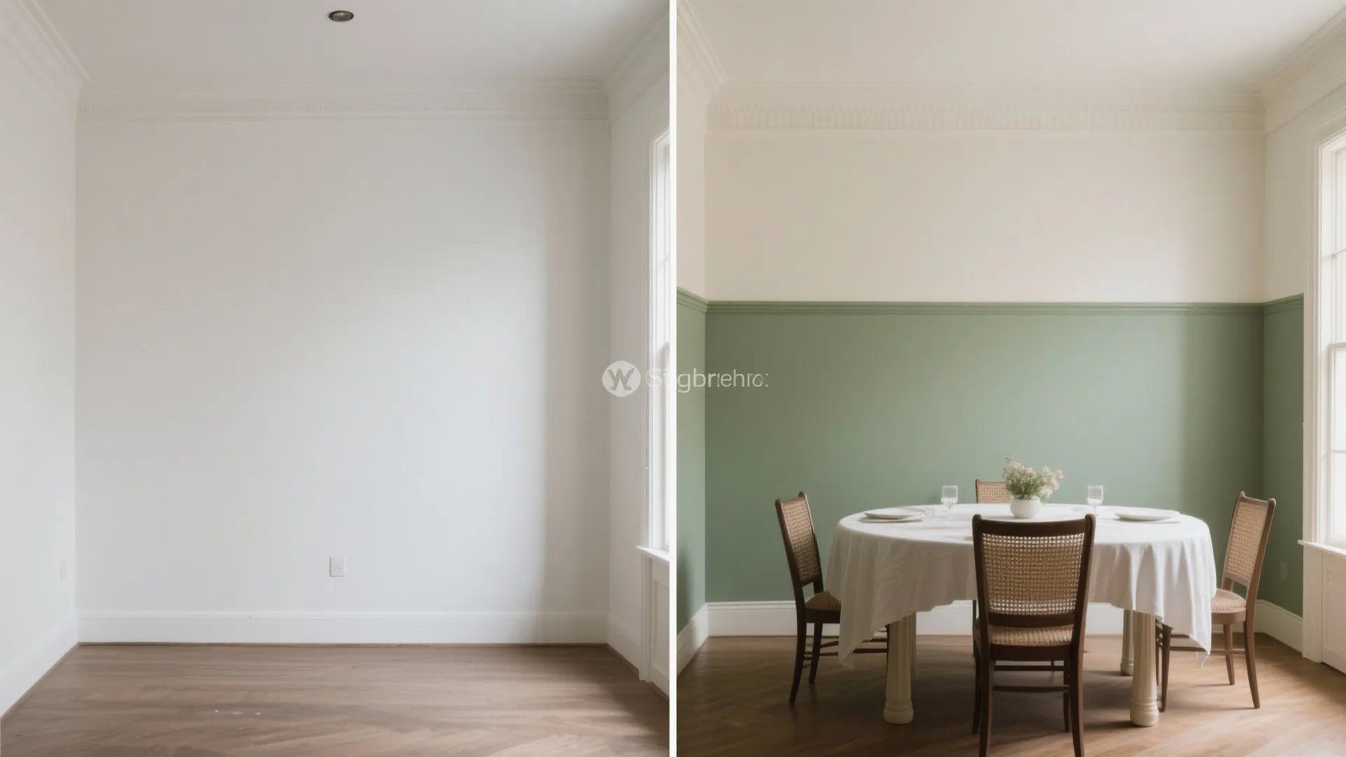 Before and after comparison showing empty white wall versus dining room with green wall panel