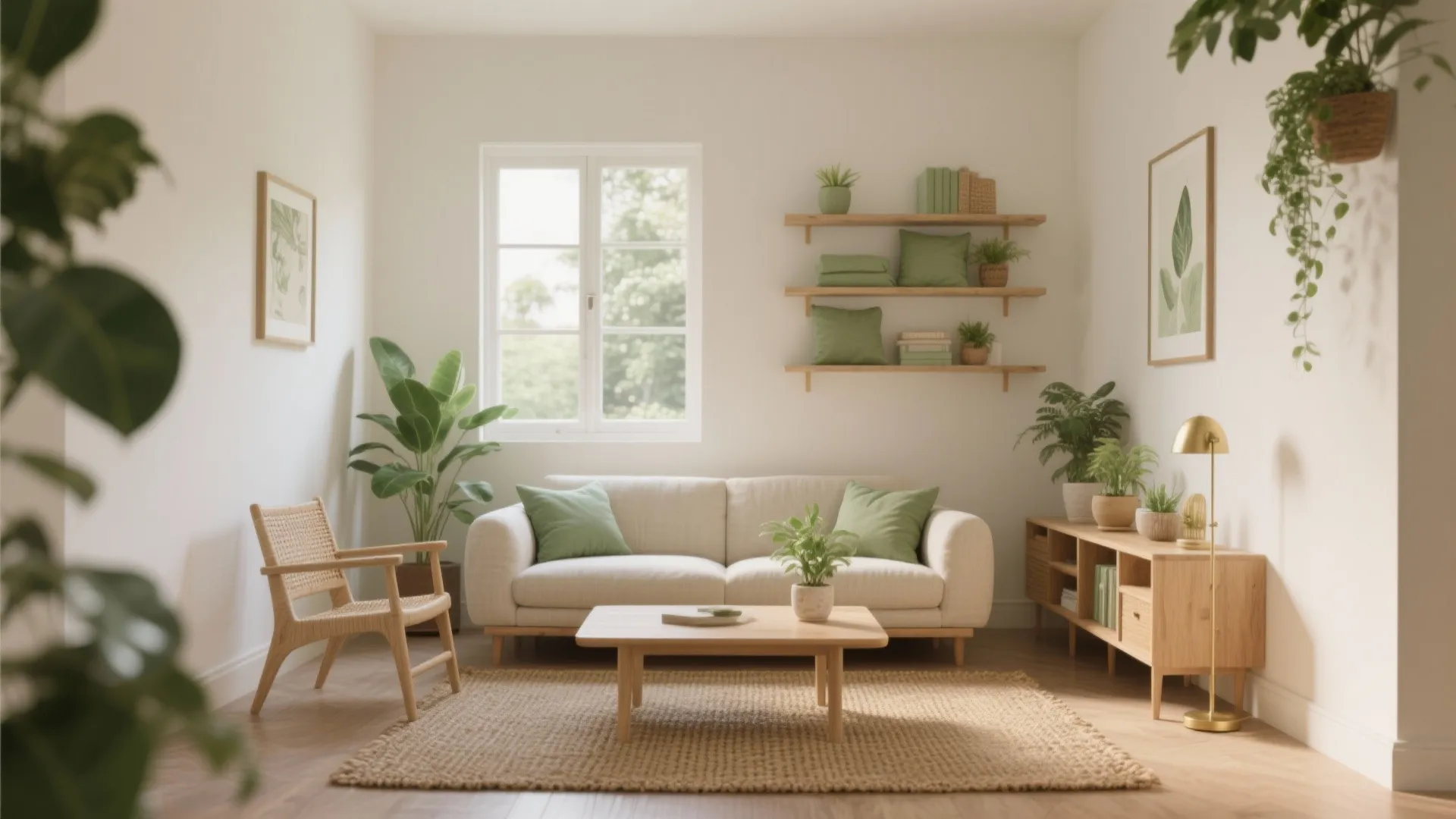 Soft neutrals with sage green accents