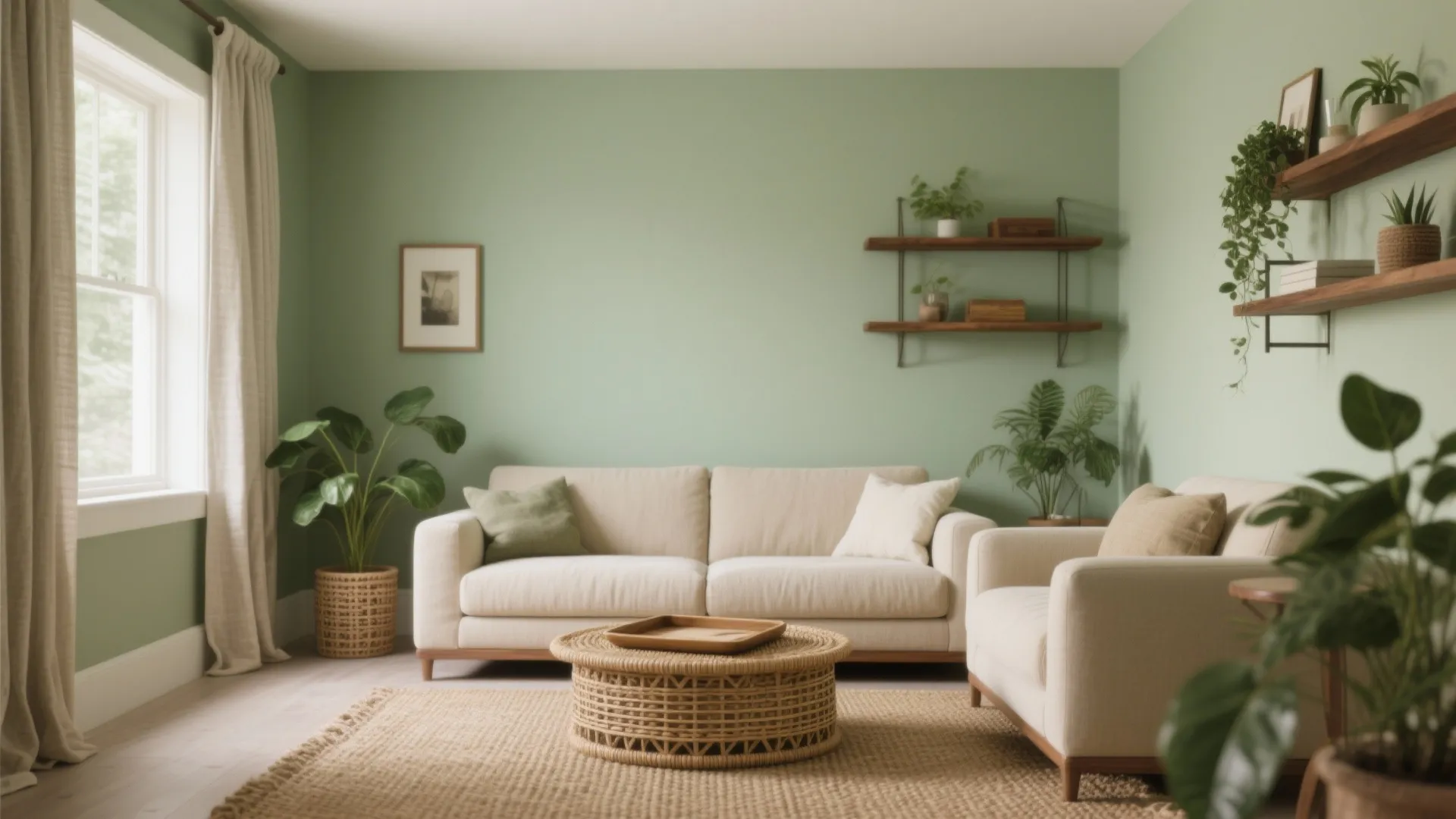 Light green living room featuring cream sofa, round woven table, wooden shelves, and green plants