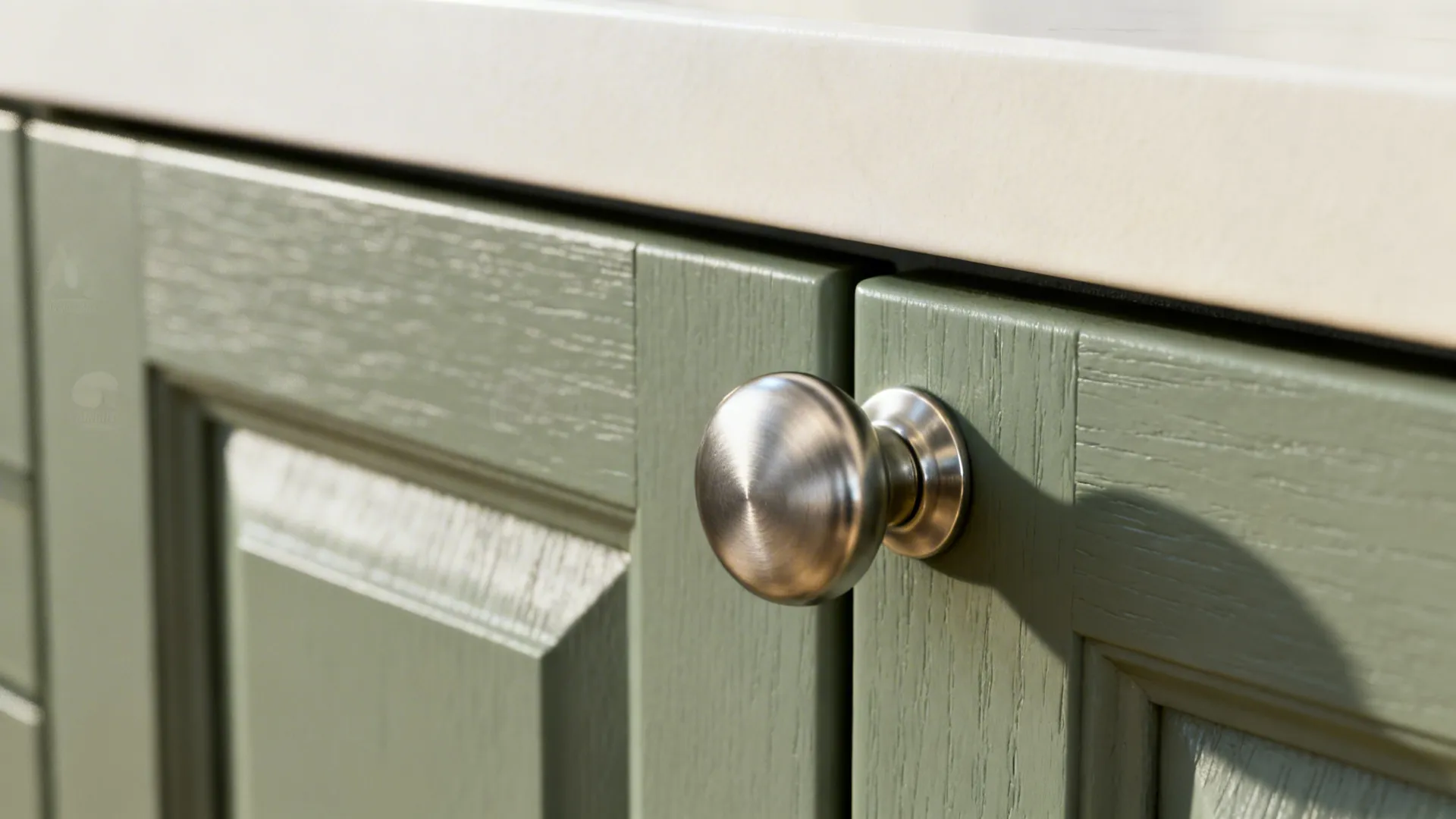 Close up of green kitchen cabinet door with round silver knob and white stone countertop