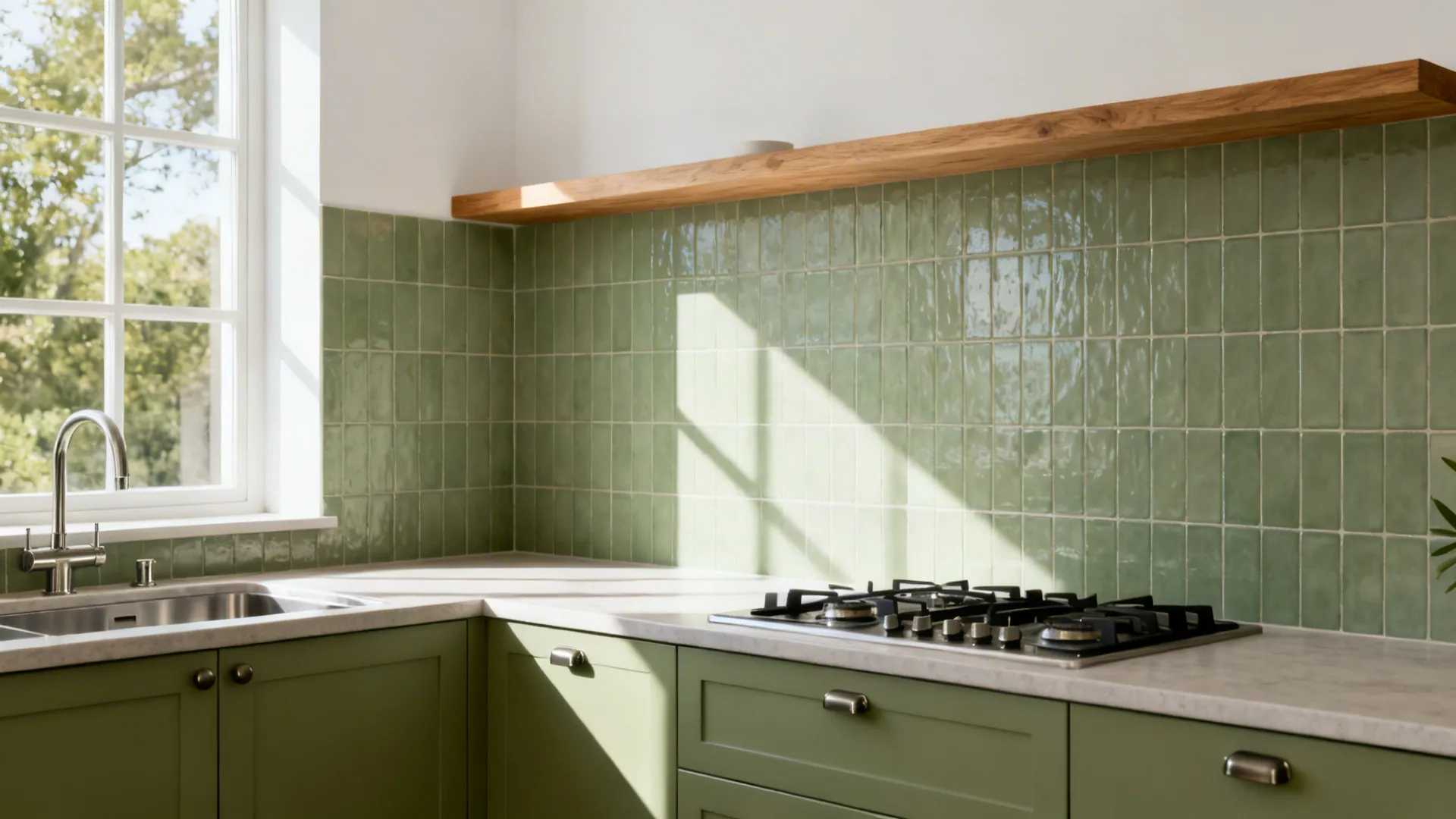 North-lit kitchen corner with sage splashback, soft white walls, and oak shelf for a tranquil feel.