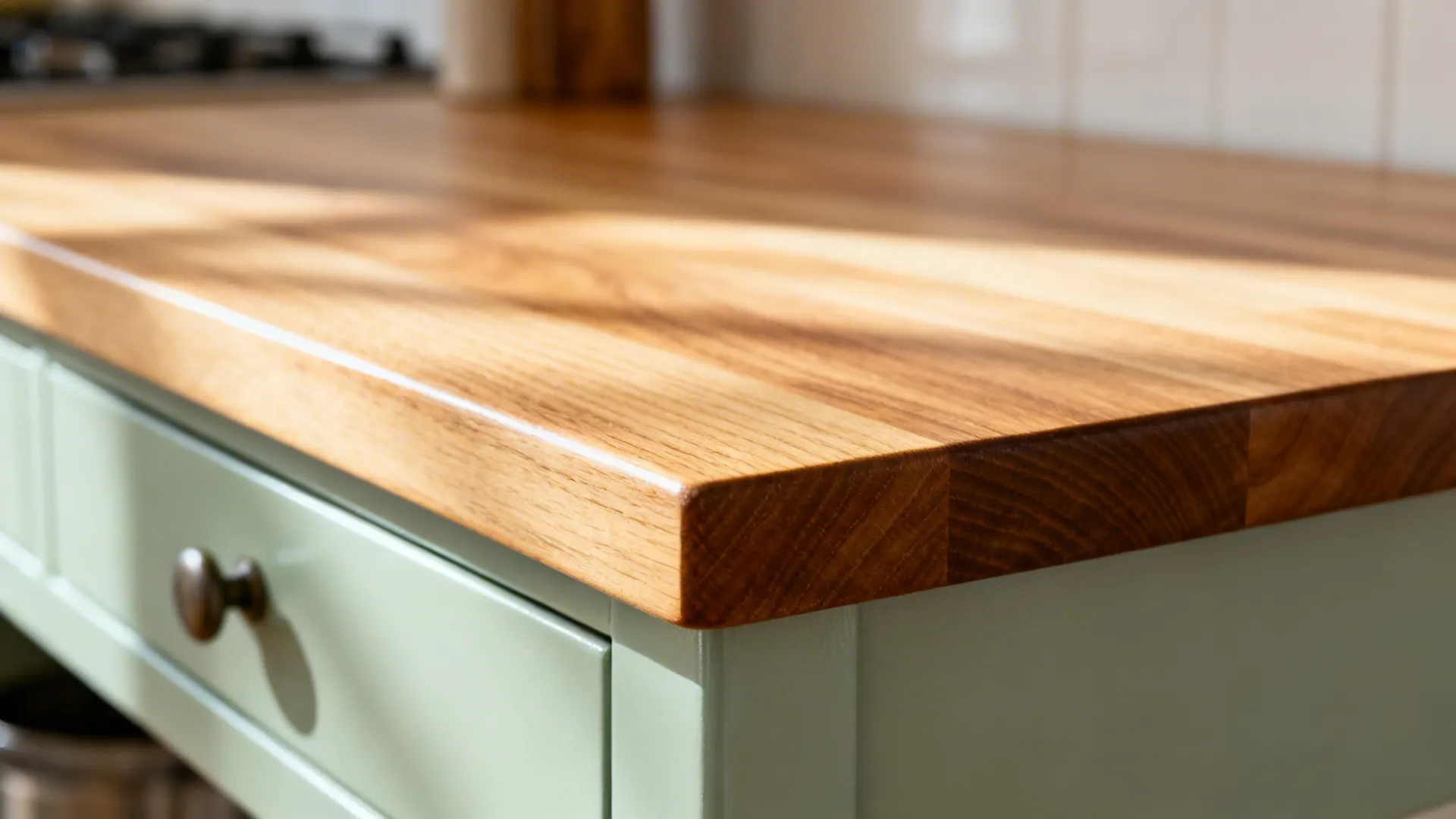 Macro of sage enamel base meeting a clear-oiled oak trolley top with visible wood grain
