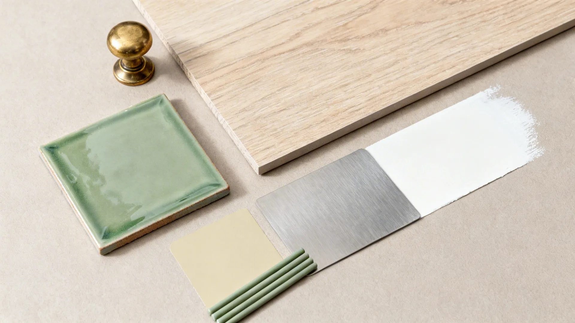 Flat lay with glossy sage tile, light oak-look plank, brass, and grout samples.
