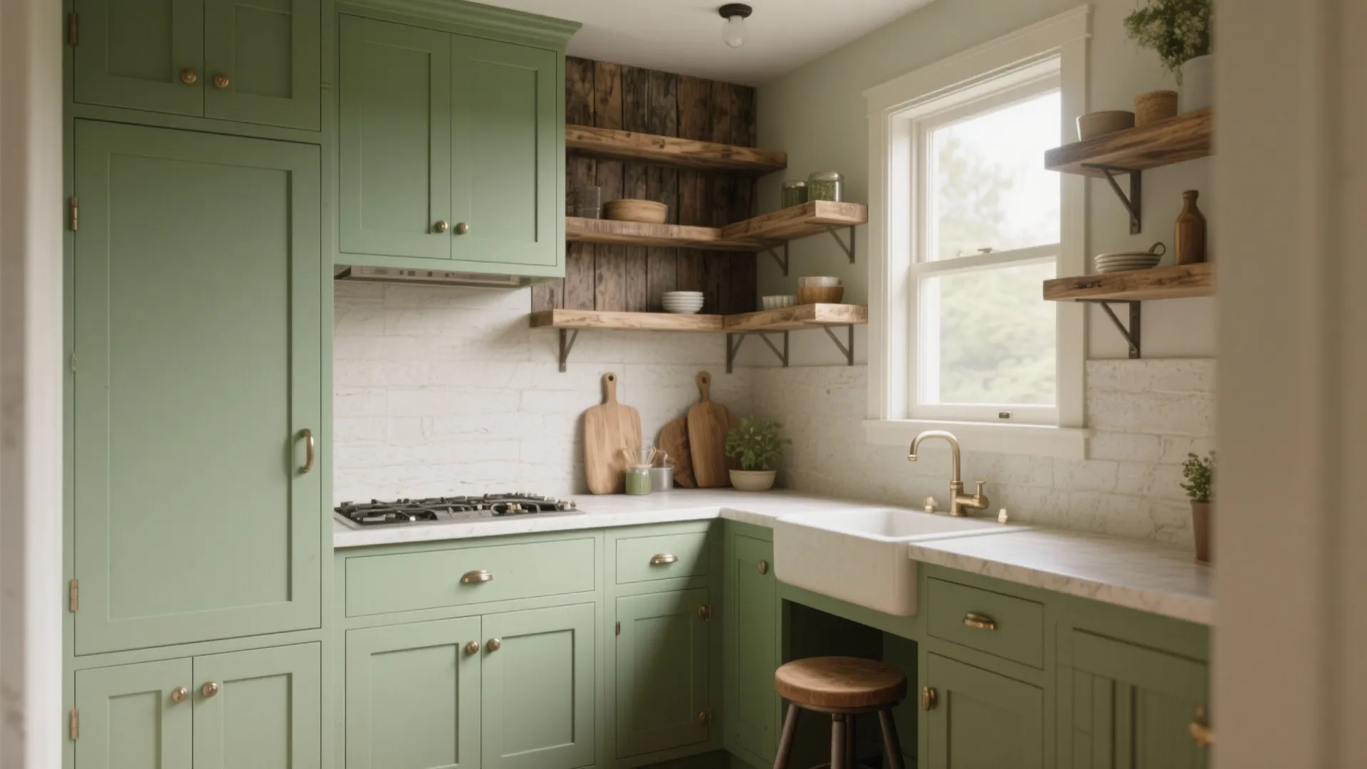 Modern green kitchen design with wood wall shelves white sink gold faucet and wood stool