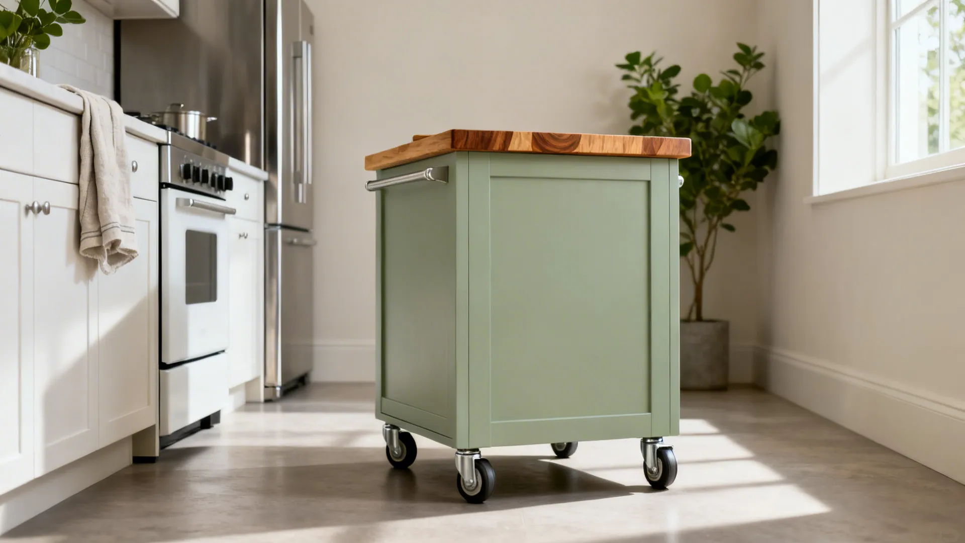 Soft sage green kitchen trolley with a natural oak top in a bright small galley kitchen