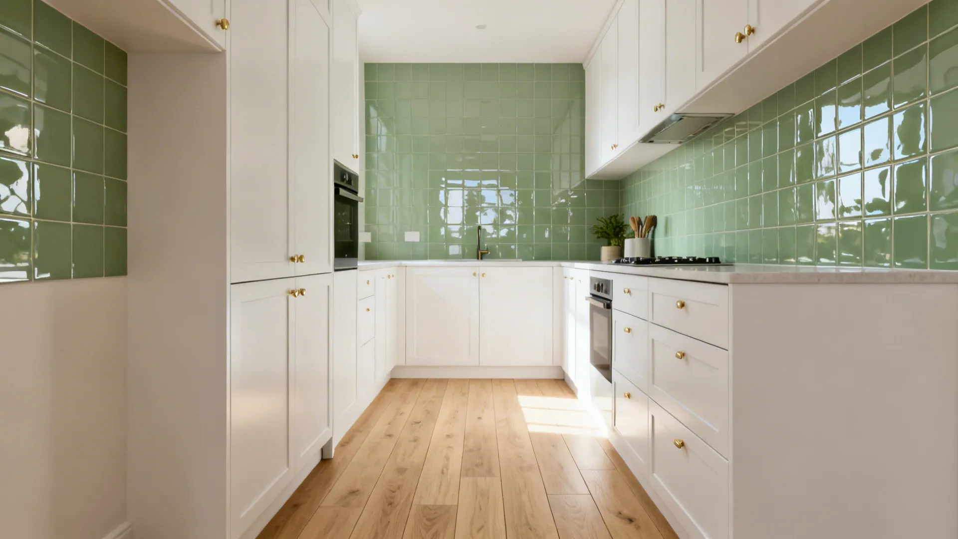 Glossy sage-green wall tiles with light oak-look planks in a bright compact kitchen.