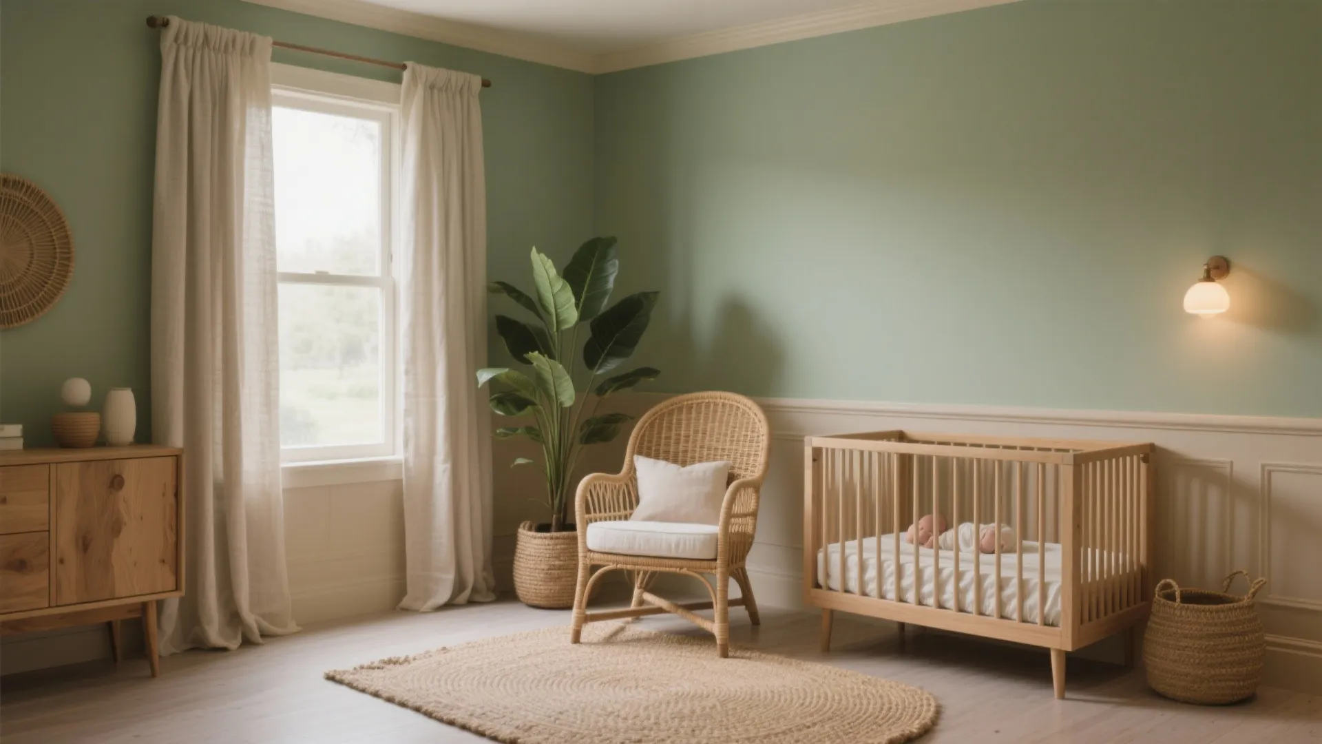 Green baby nursery room with wooden crib and rattan chair plus white curtains and wall