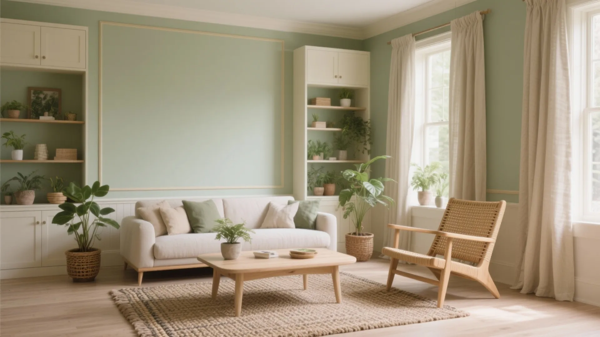 Sage green living room with white sofa wooden coffee table woven chair and potted green plants