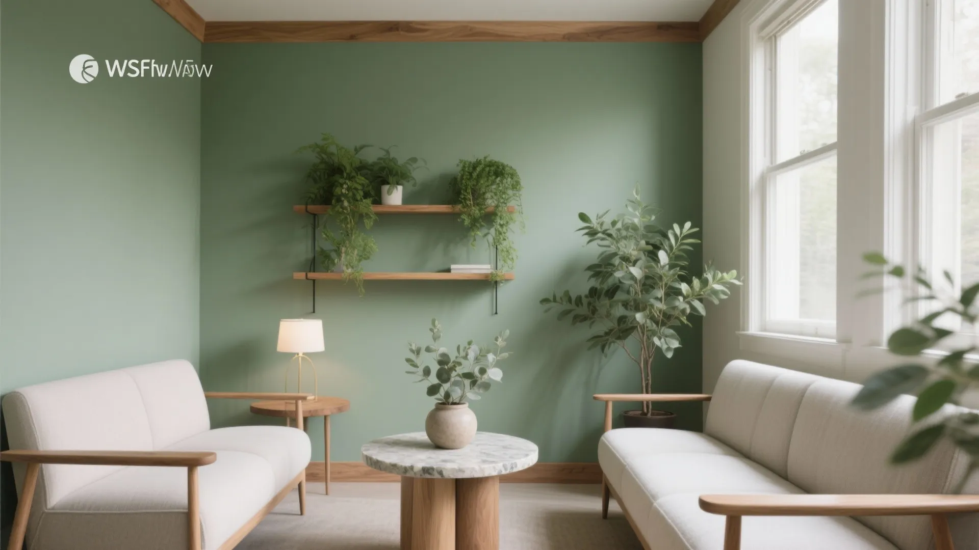 Minimalist living room with green walls white sofa round marble coffee table and wooden shelves