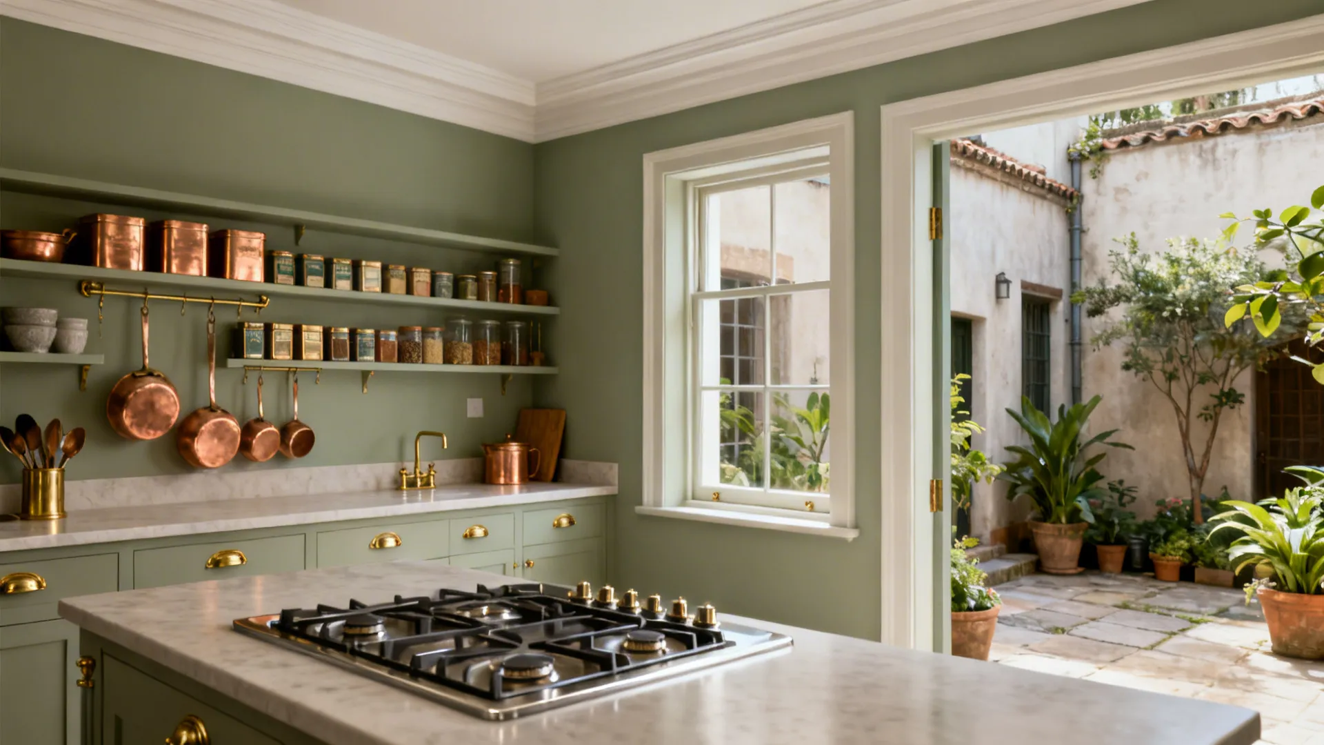 Small Indian kitchen with muted sage walls, off-white ceiling, and brass accents.