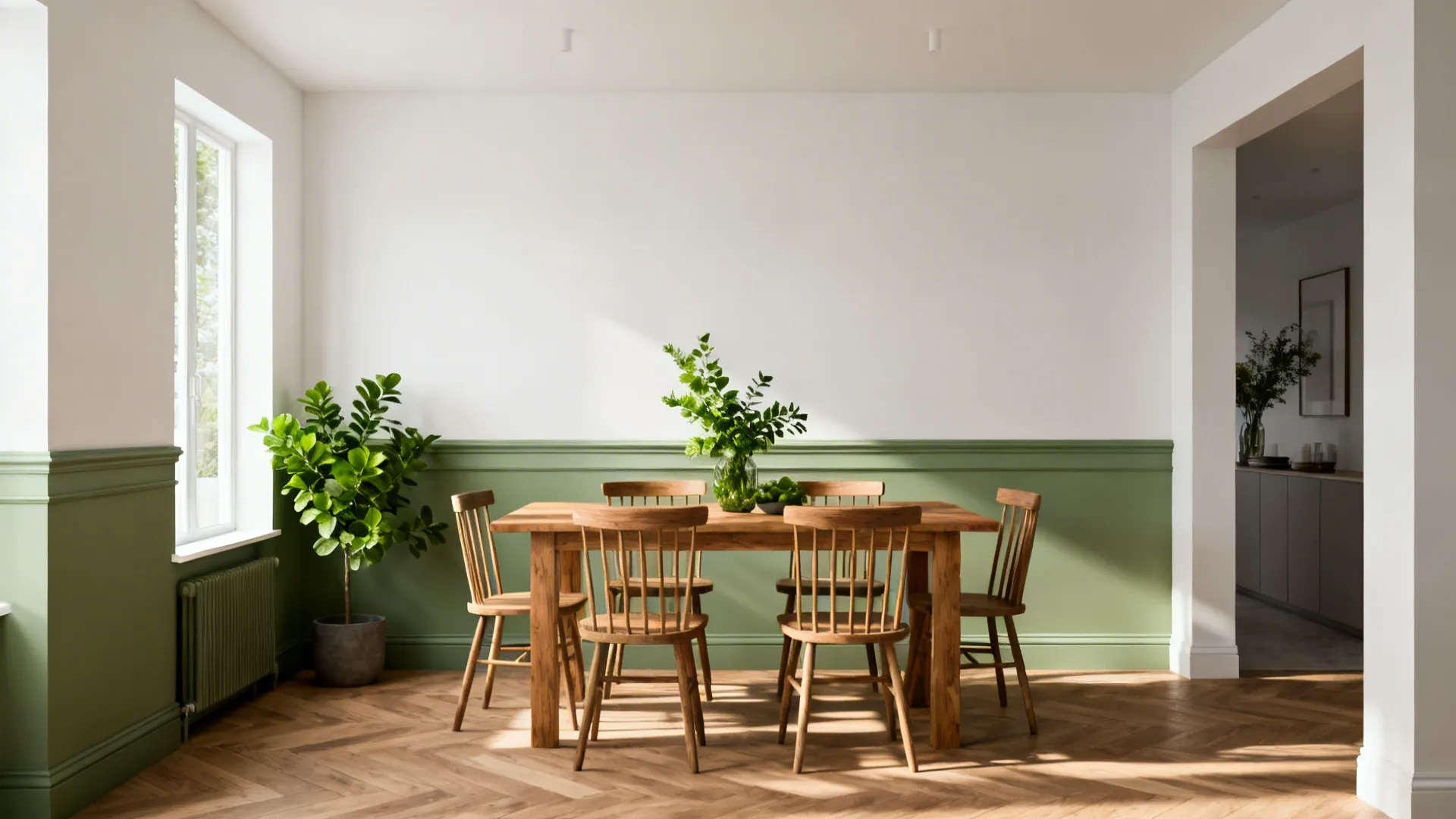 Open-plan dining area with sage green lower walls and off-white upper walls, chair rail and oak table