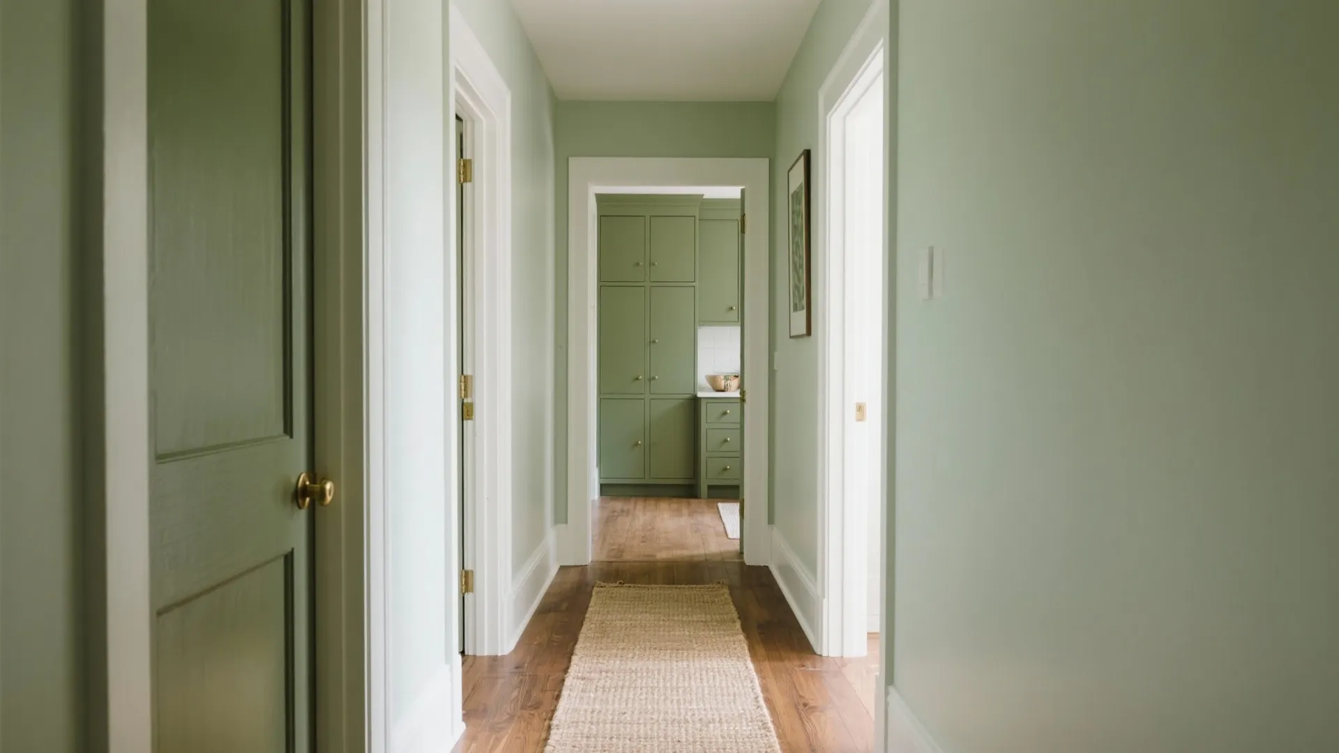 Soft green hallway with wooden floor and rug looking into a kitchen with green cabinets