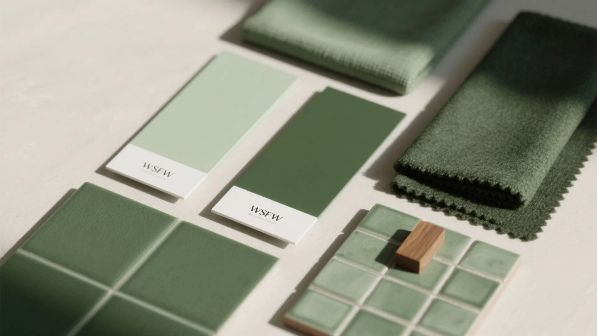 Top-down flat lay of sage and olive paint swatches, linen and wool textiles, and ceramic glaze samples in monochrome greens.