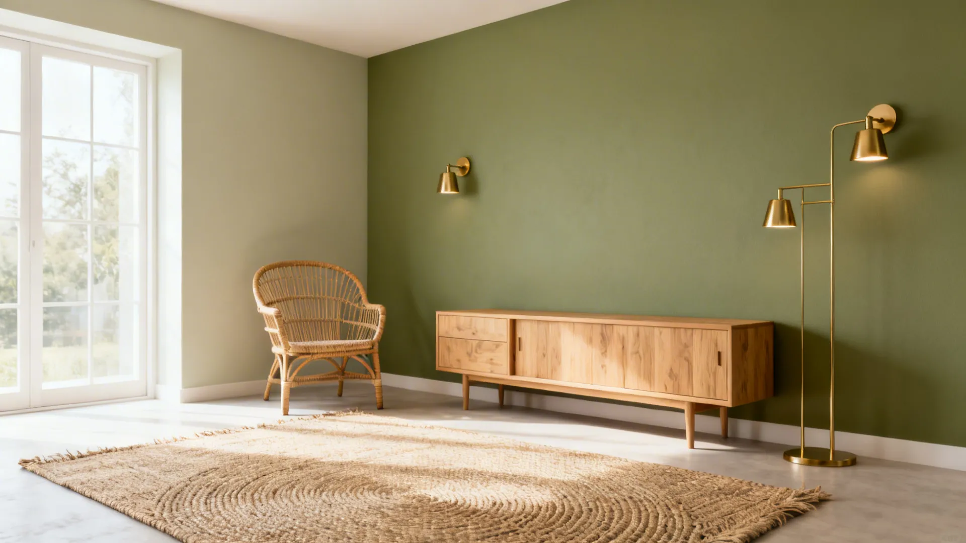 Small living room with a soft sage feature wall, light wood furniture and rattan accents.