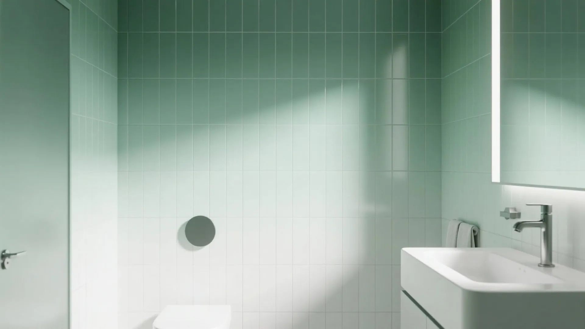 Modern bathroom featuring sage green wall tiles a white sink cabinet and a bright mirror