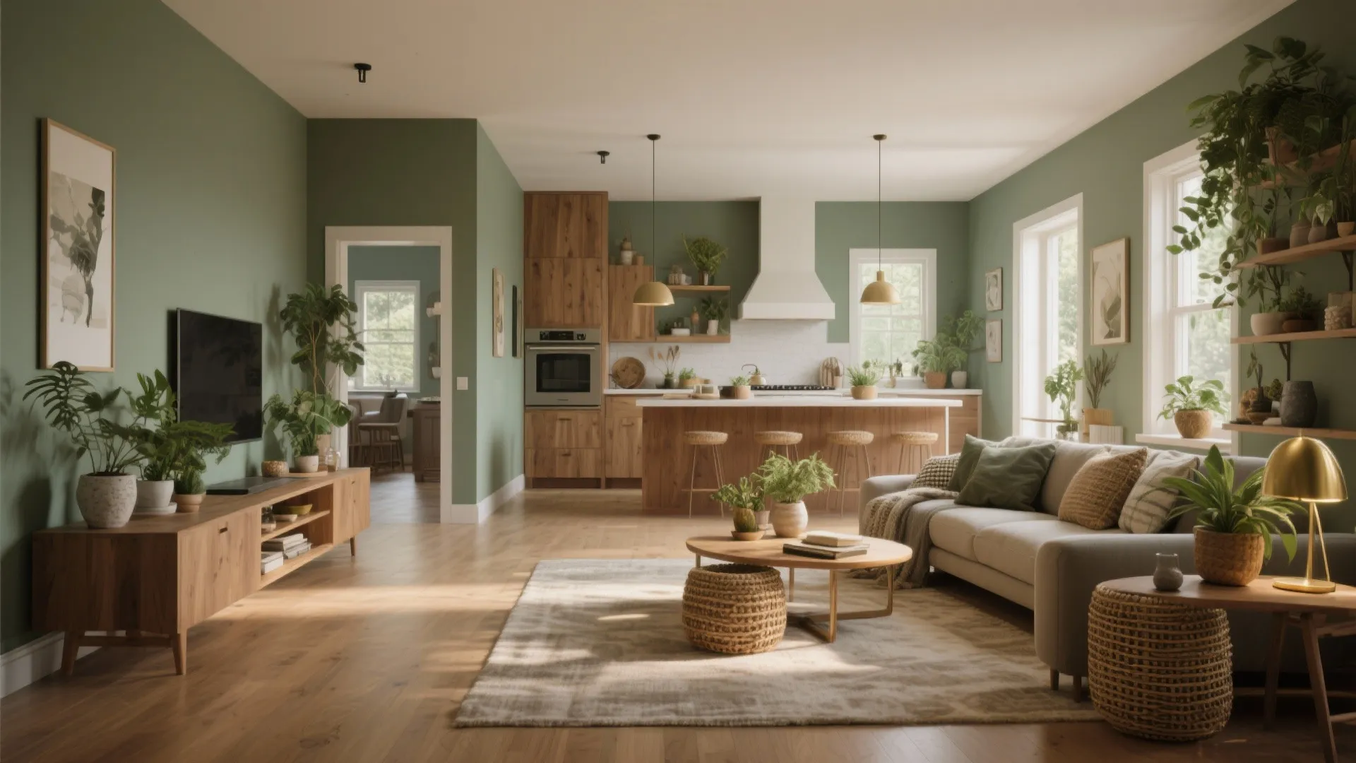 Modern sage green open plan living room with wooden kitchen cabinets sofa rug and indoor plants