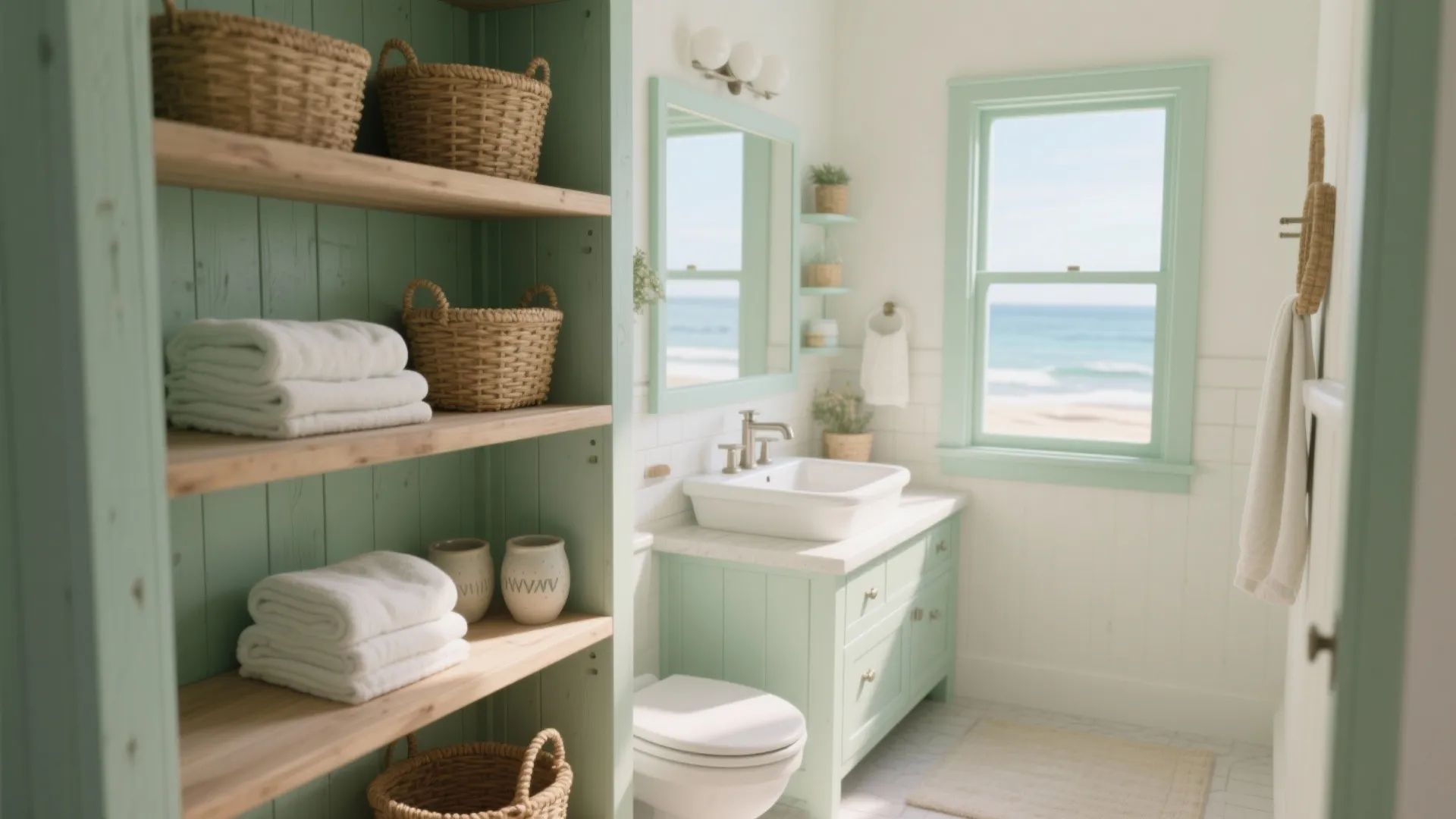 2. Sage Open-Shelf Vanity to Lighten the Room